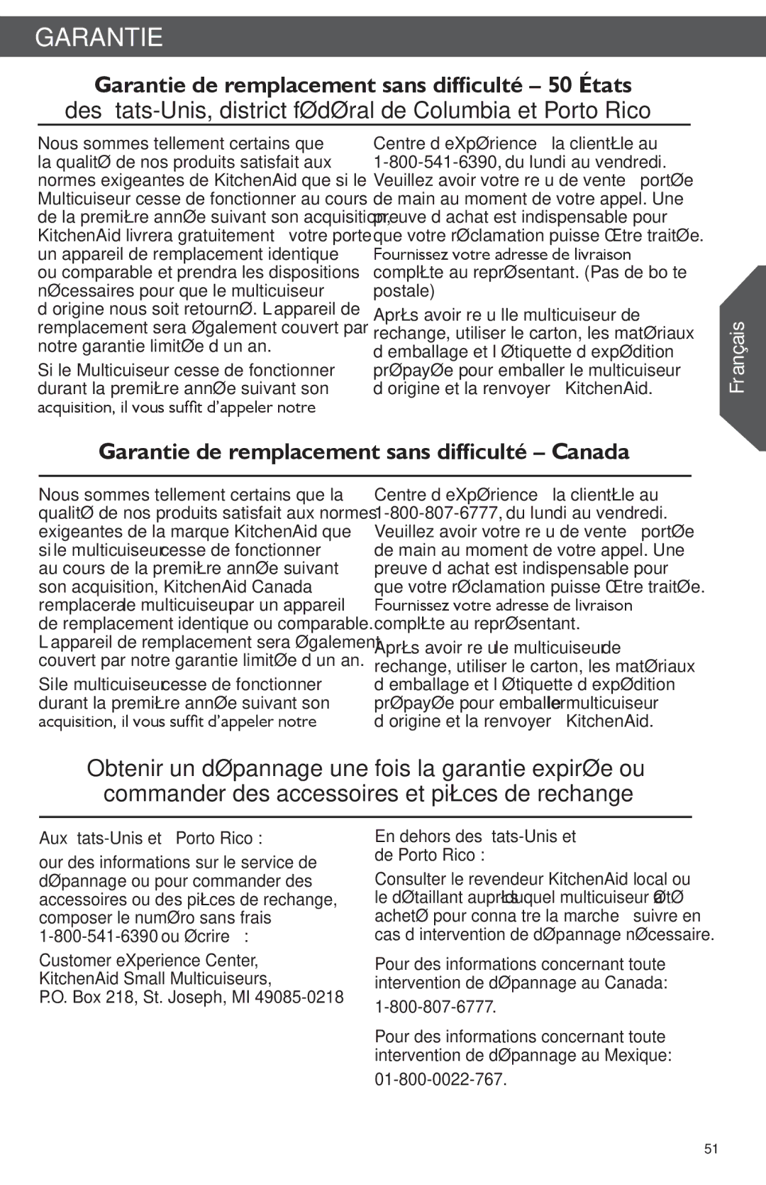KitchenAid KMC4241 manual Centre d’eXpérience à la clientèle au, Aux États-Unis et à Porto Rico, 01-800-0022-767 