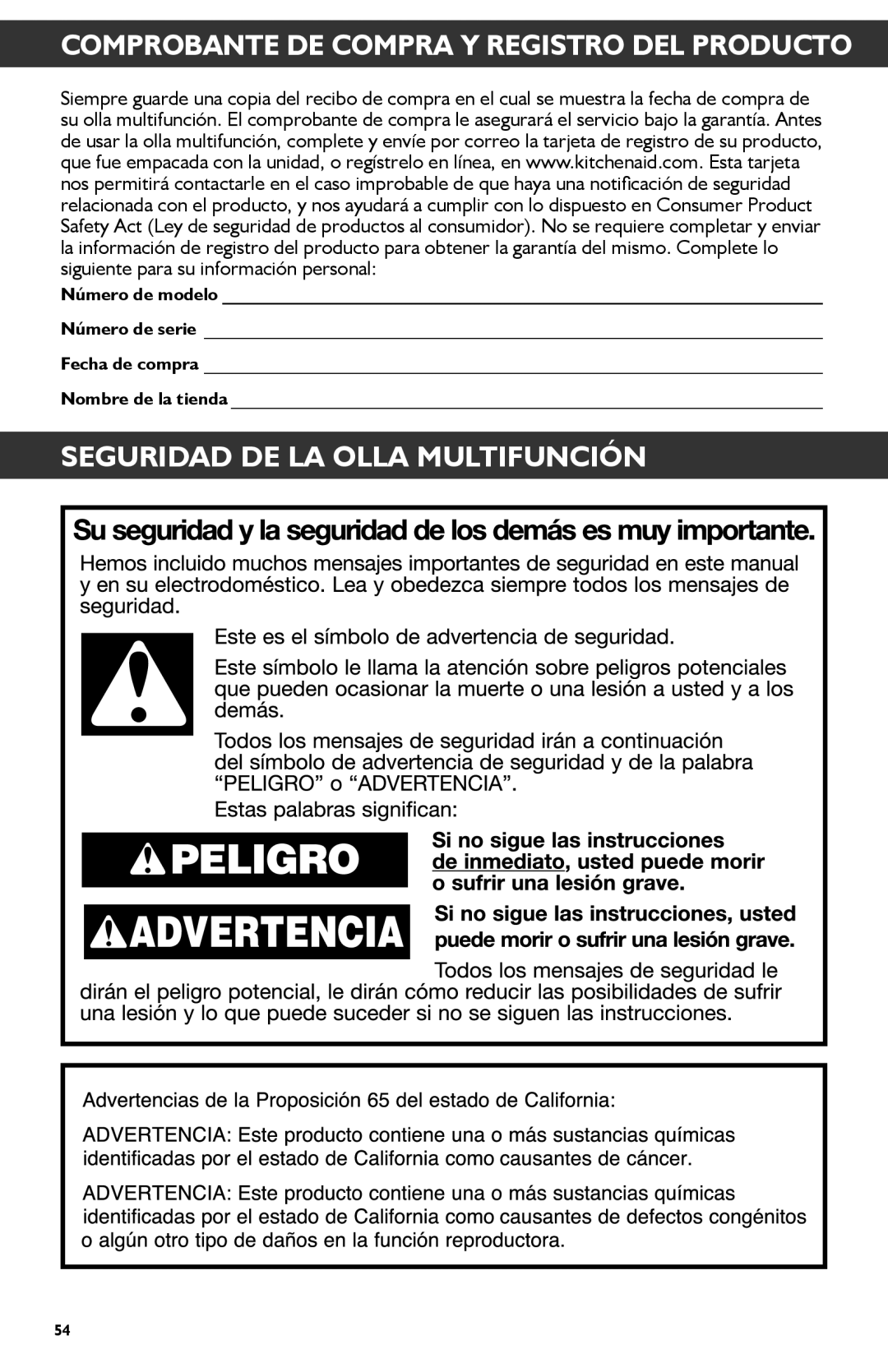 KitchenAid KMC4241 manual Comprobante DE Compra Y Registro DEL Producto, Seguridad DE LA Olla Multifunción 