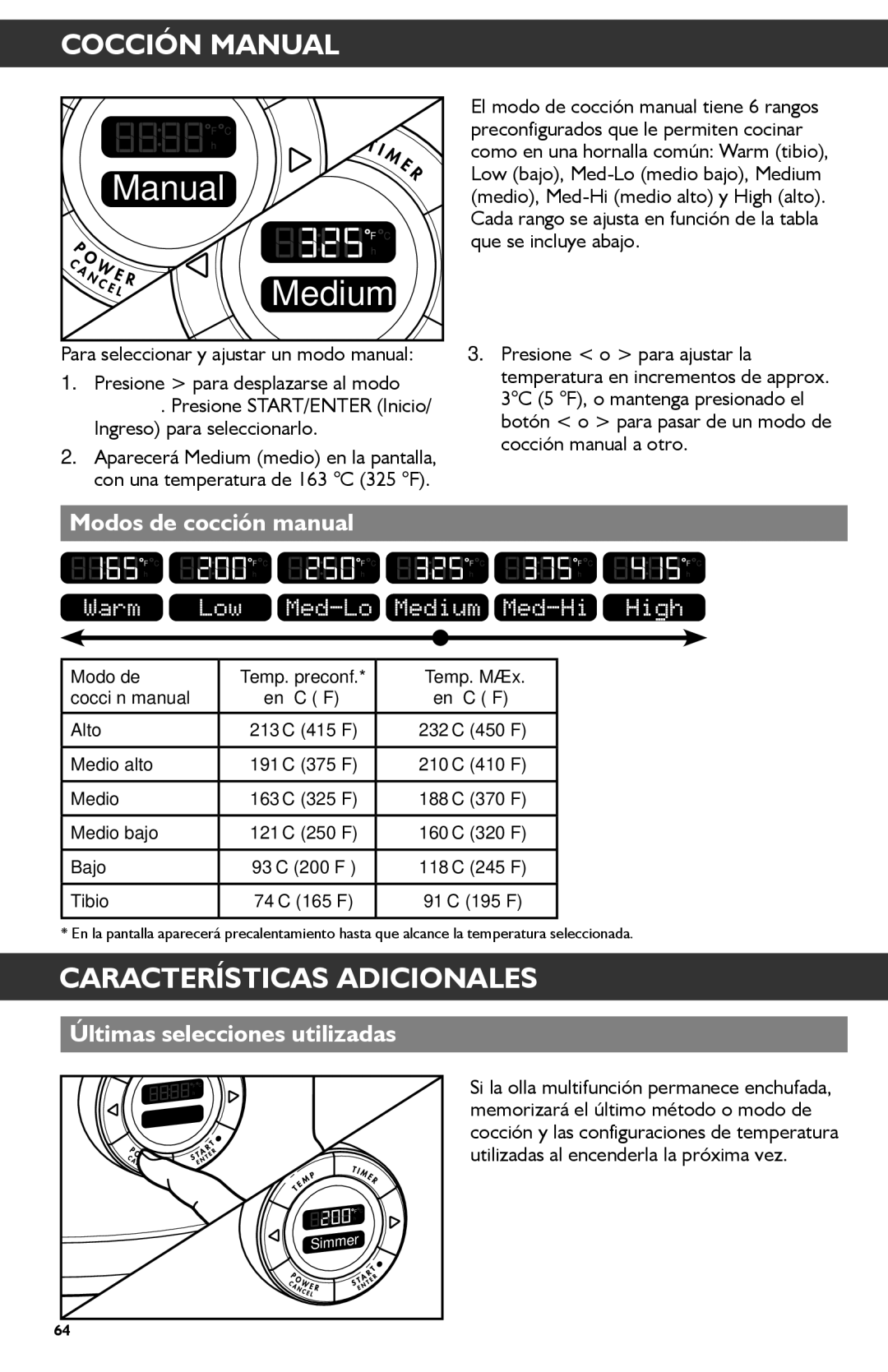 KitchenAid KMC4241 Cocción Manual, Características Adicionales, Modos de cocción manual, Últimas selecciones utilizadas 