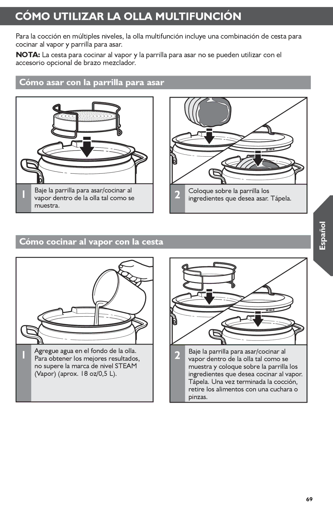 KitchenAid KMC4241 manual Cómo asar con la parrilla para asar, Cómo cocinar al vapor con la cesta 