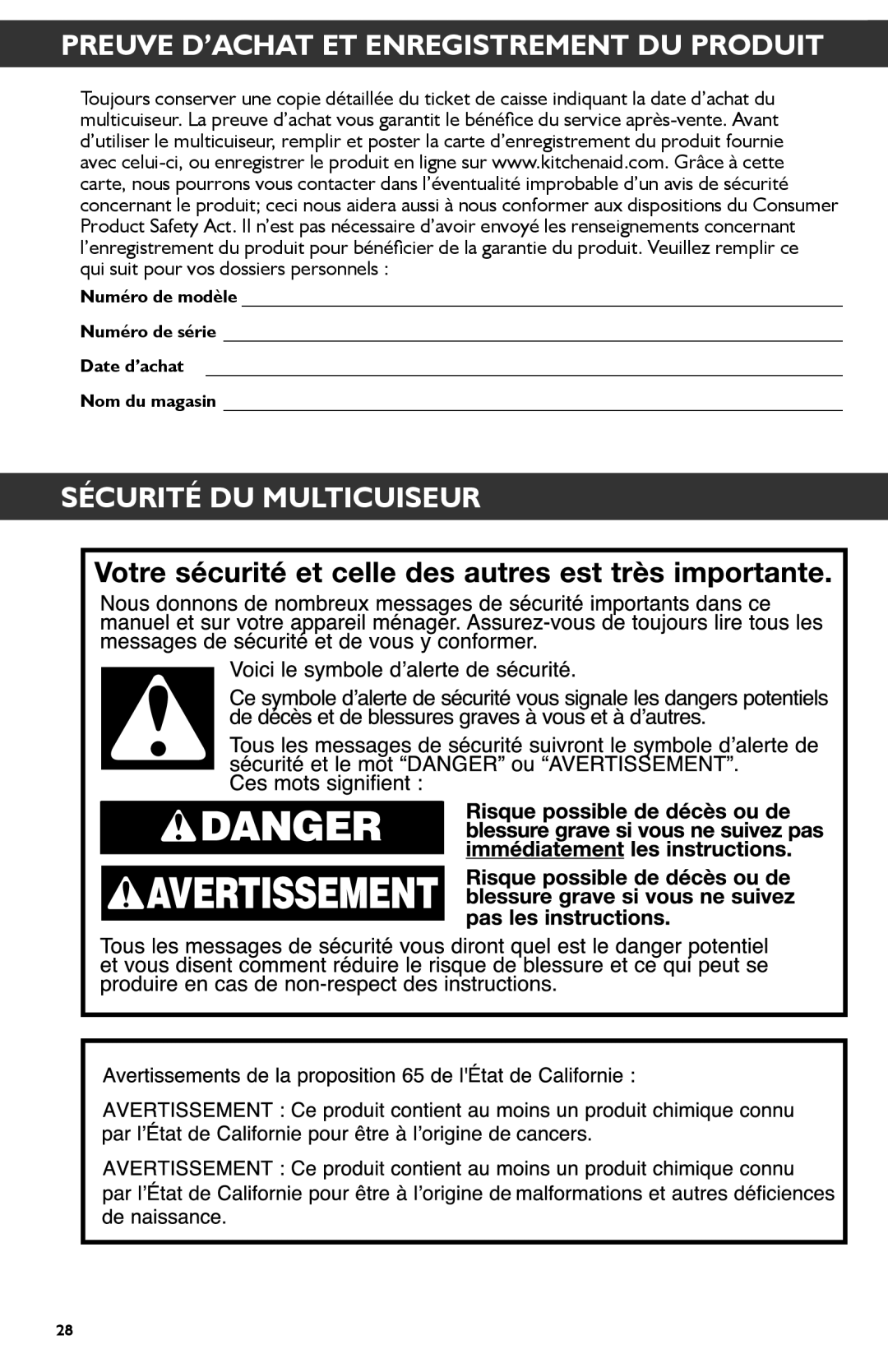 KitchenAid KMC4241 manual Preuve D’Achat Et Enregistrement Du Produit, Sécurité Du Multicuiseur 