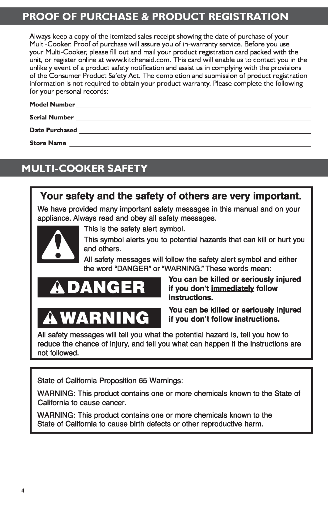 KitchenAid KMC4241 manual Proof Of Purchase & Product Registration, Multi-Cooker Safety 