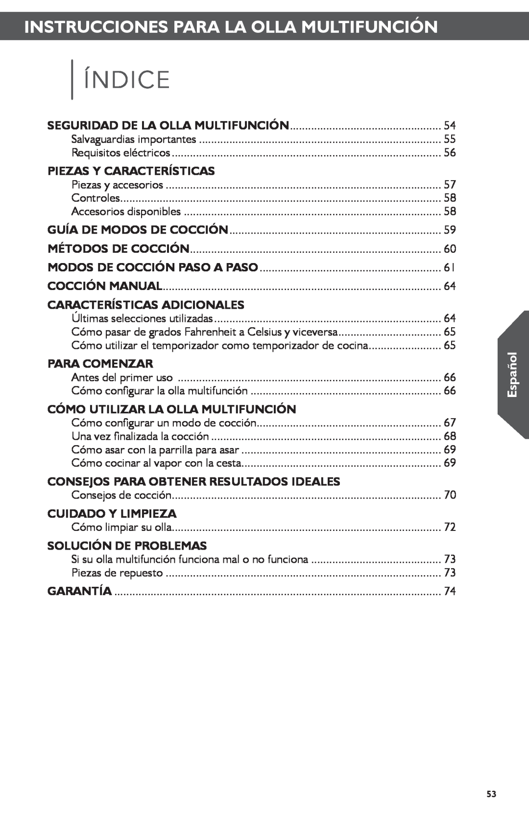 KitchenAid KMC4241 manual Índice, Instrucciones Para La Olla Multifunción, Español, Piezas Y Características, Para Comenzar 
