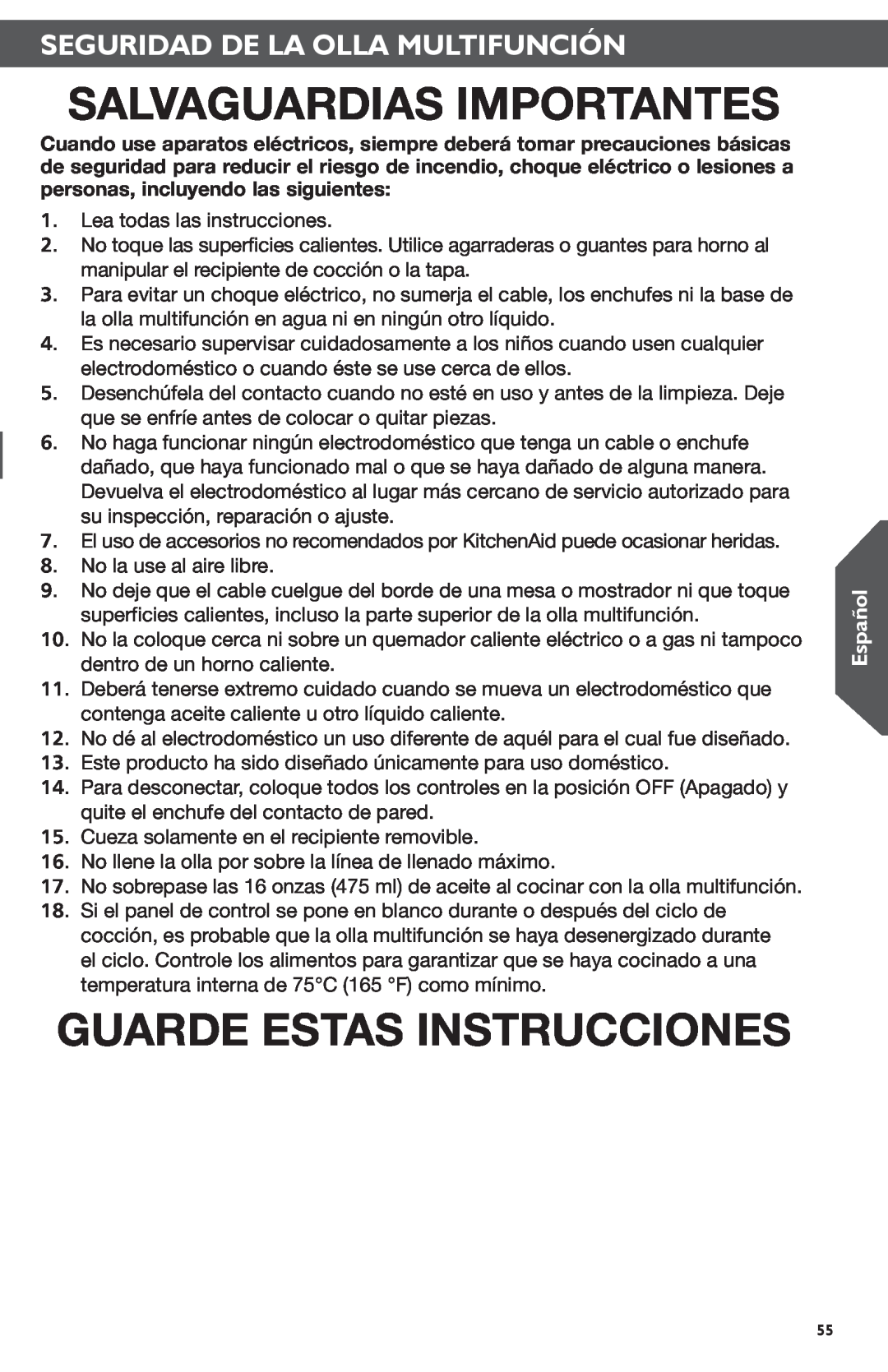 KitchenAid KMC4241 manual Salvaguardias Importantes, Guarde Estas Instrucciones, Seguridad De La Olla Multifunción, Español 