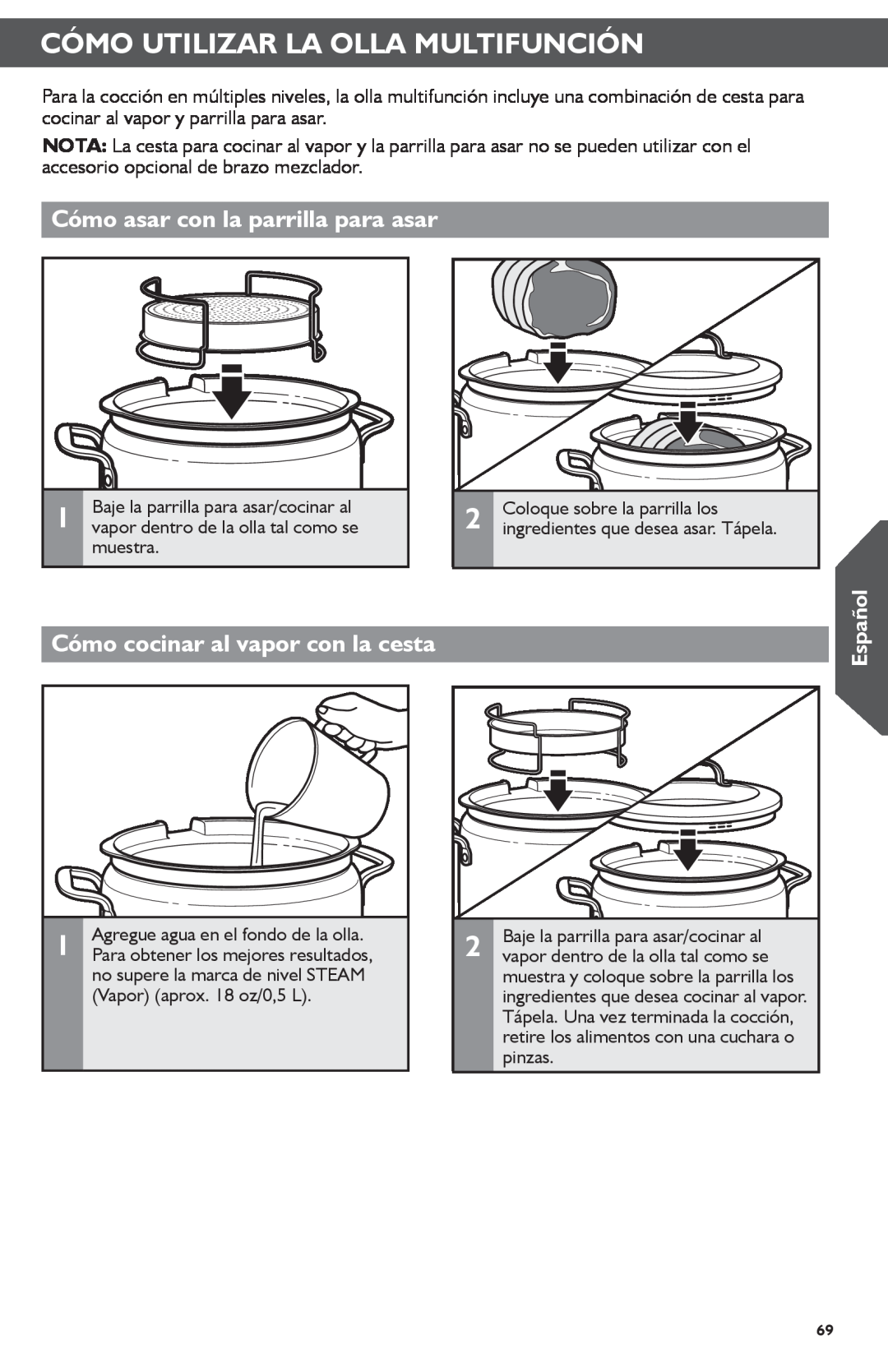 KitchenAid KMC4241 manual Cómo asar con la parrilla para asar, Cómo cocinar al vapor con la cesta, Español 