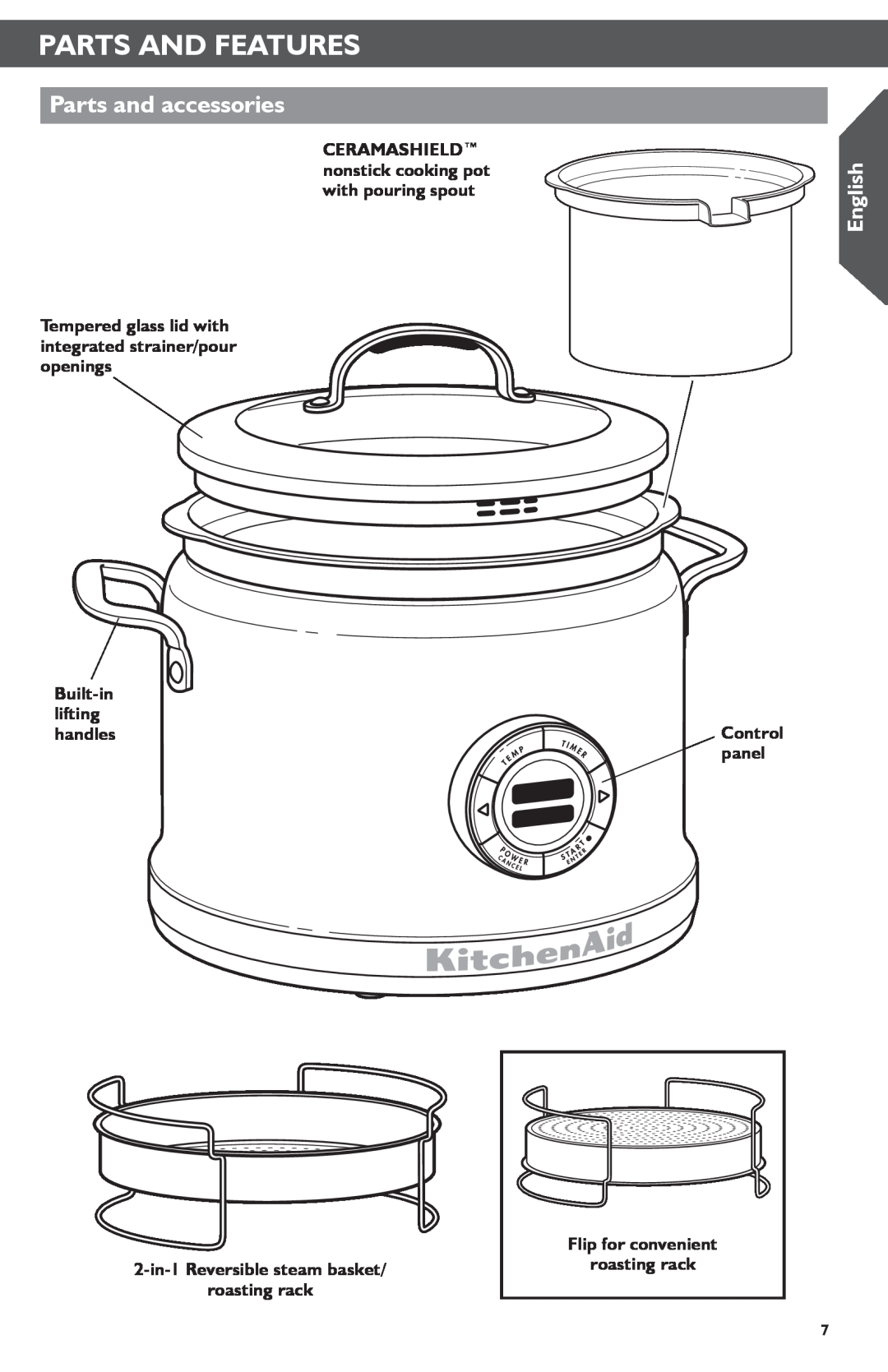 KitchenAid KMC4241 manual Parts And Features, Parts and accessories, English, Sear, Built-in lifting handles, Control panel 