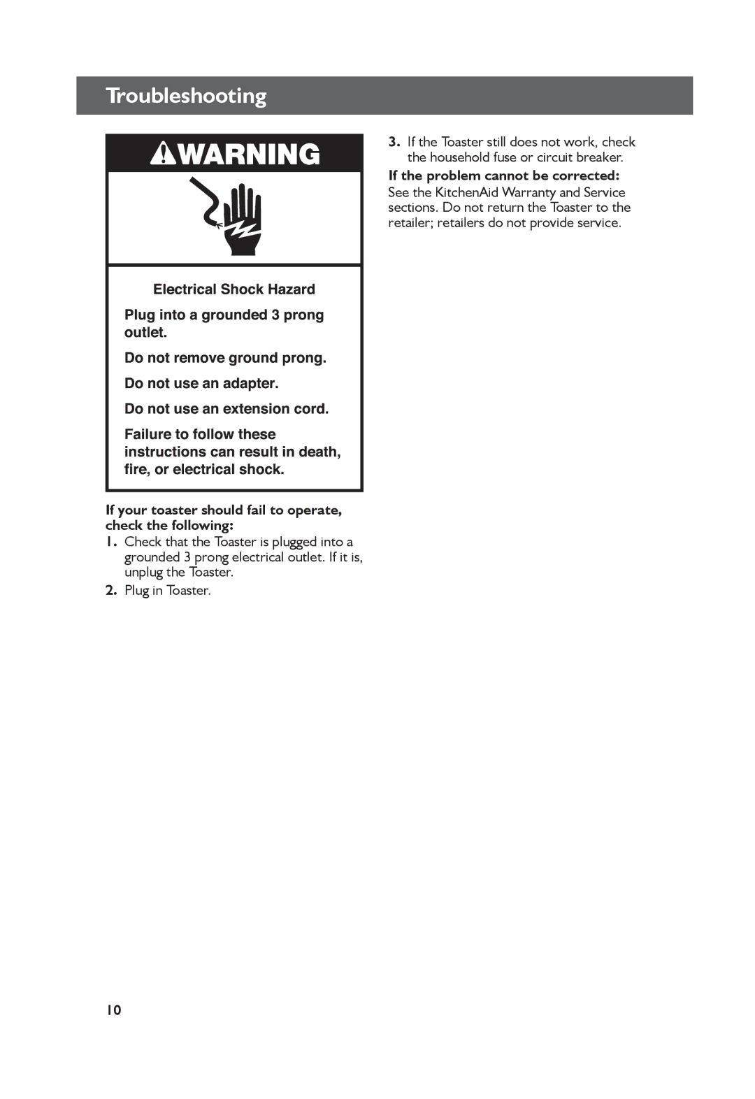 KitchenAid KMT4115, KMT2115 manual Troubleshooting, If your toaster should fail to operate, check the following 