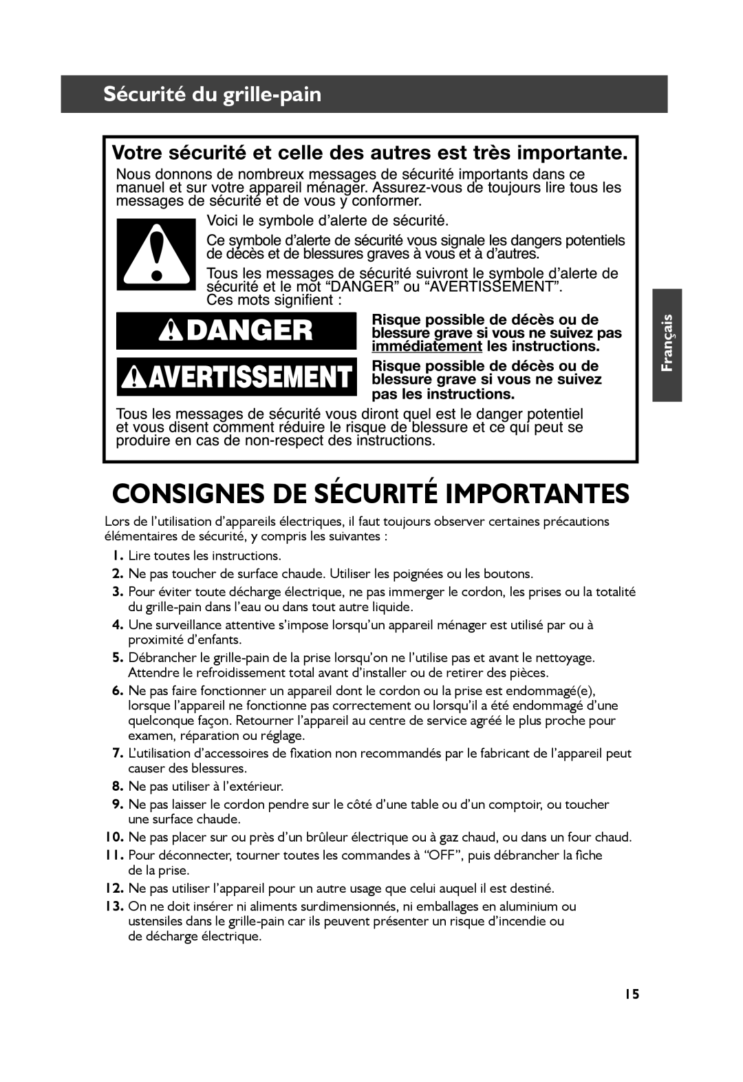 KitchenAid KMT2115, KMT4115 manual Consignes DE Sécurité Importantes, Sécurité du grille-pain 