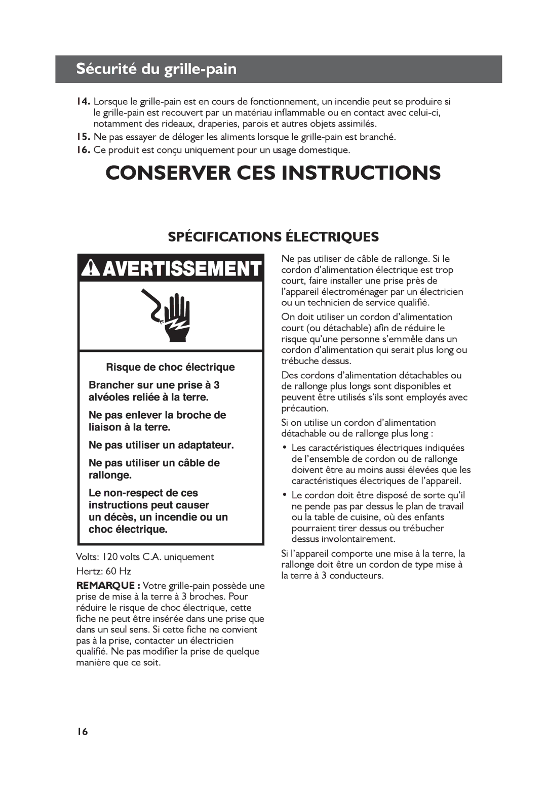 KitchenAid KMT4115, KMT2115 manual Conserver CES Instructions, Volts 120 volts C.A. uniquement Hertz 60 Hz 