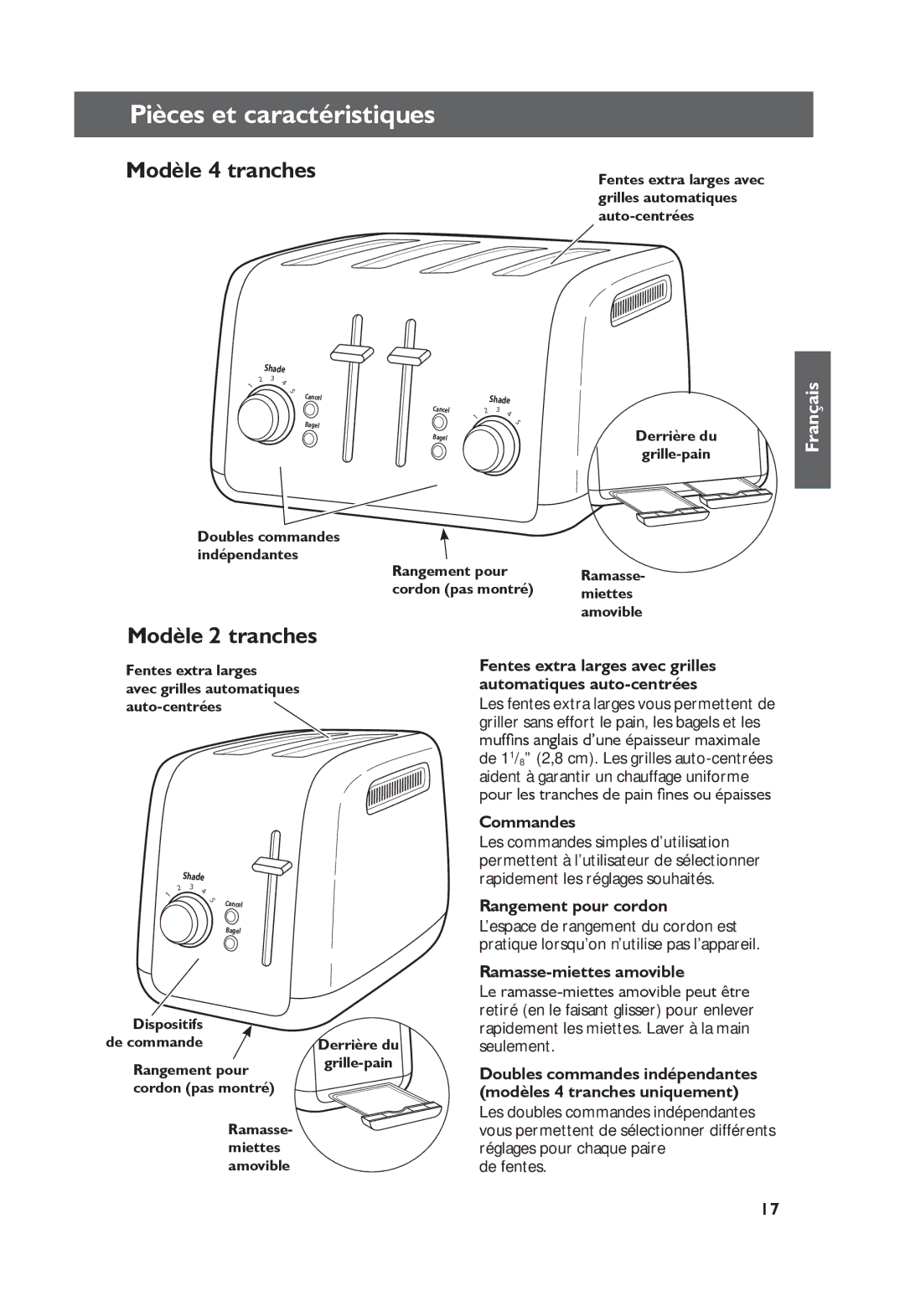 KitchenAid KMT2115, KMT4115 manual Pièces et caractéristiques, Modèle 4 tranches, Modèle 2 tranches 