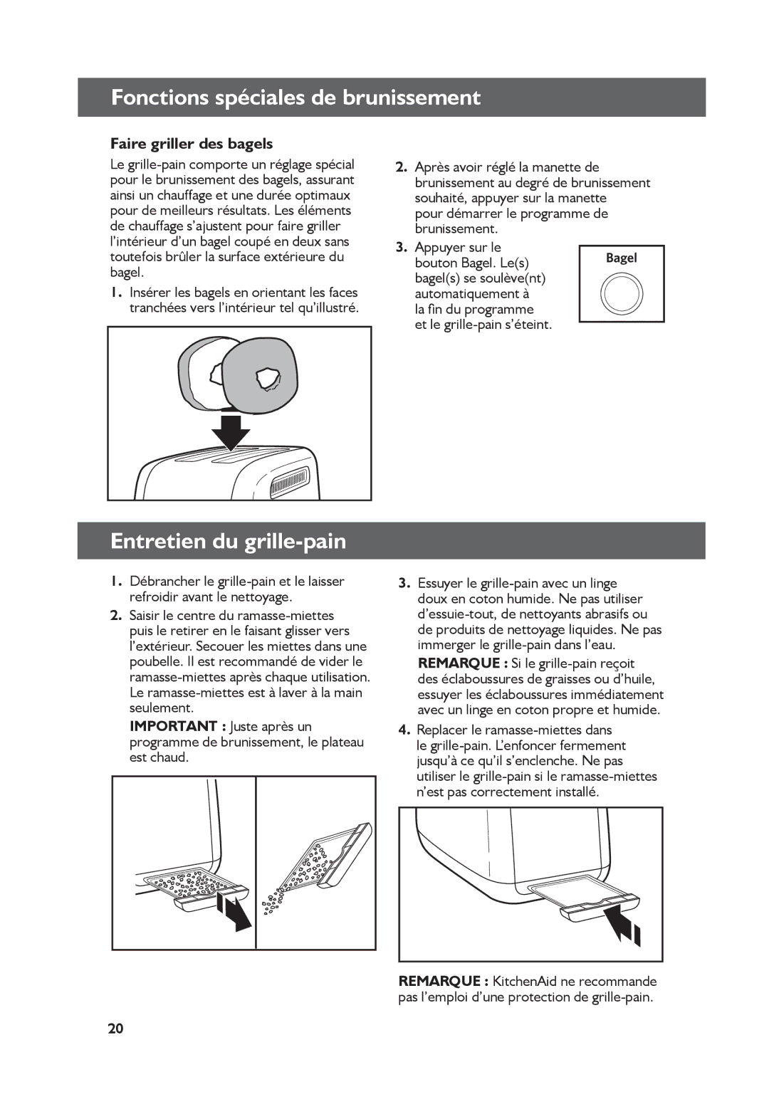 KitchenAid KMT4115, KMT2115 manual Fonctions spéciales de brunissement, Entretien du grille-pain, Faire griller des bagels 