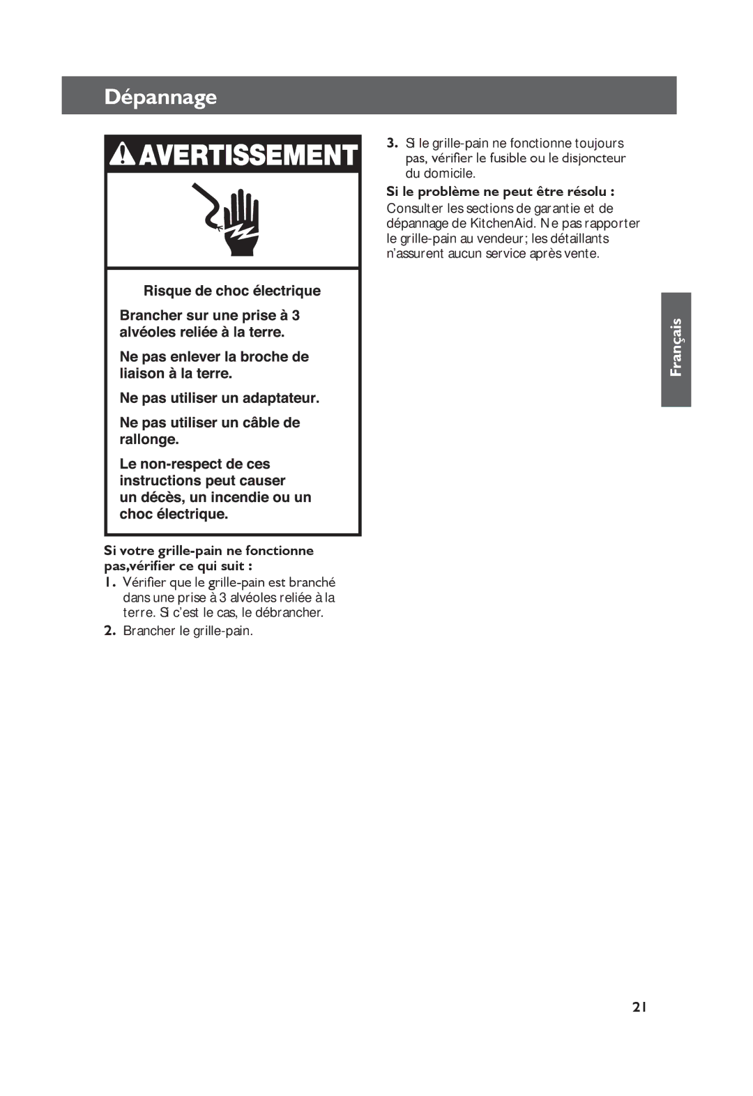 KitchenAid KMT2115, KMT4115 manual Dépannage, Si le problème ne peut être résolu 