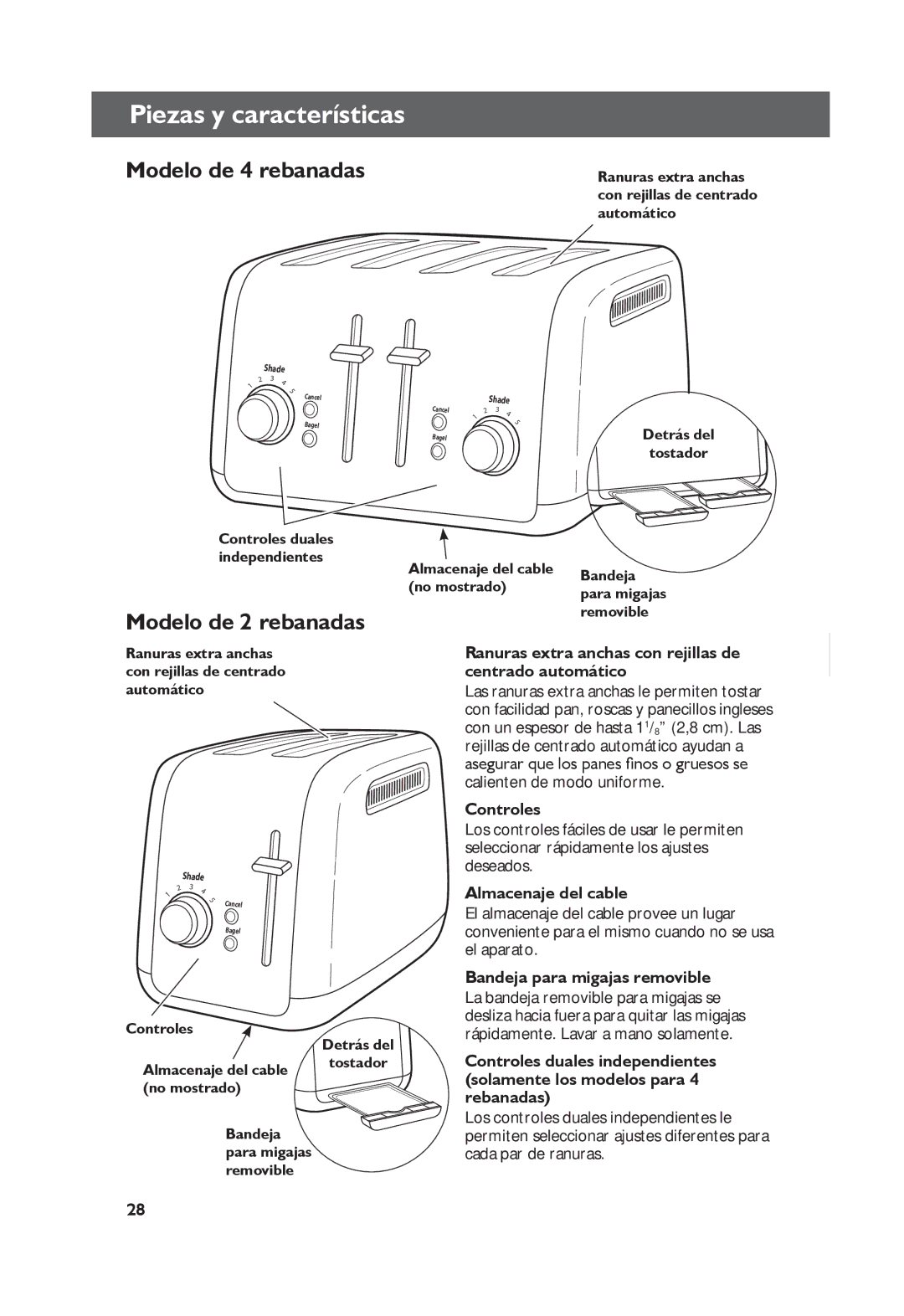 KitchenAid KMT4115, KMT2115 manual Piezas y características, Modelo de 4 rebanadas, Modelo de 2 rebanadas 