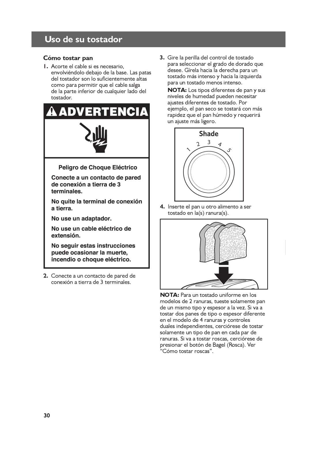 KitchenAid KMT4115, KMT2115 manual Cómo tostar pan, Inserte el pan u otro alimento a ser tostado en las ranuras 