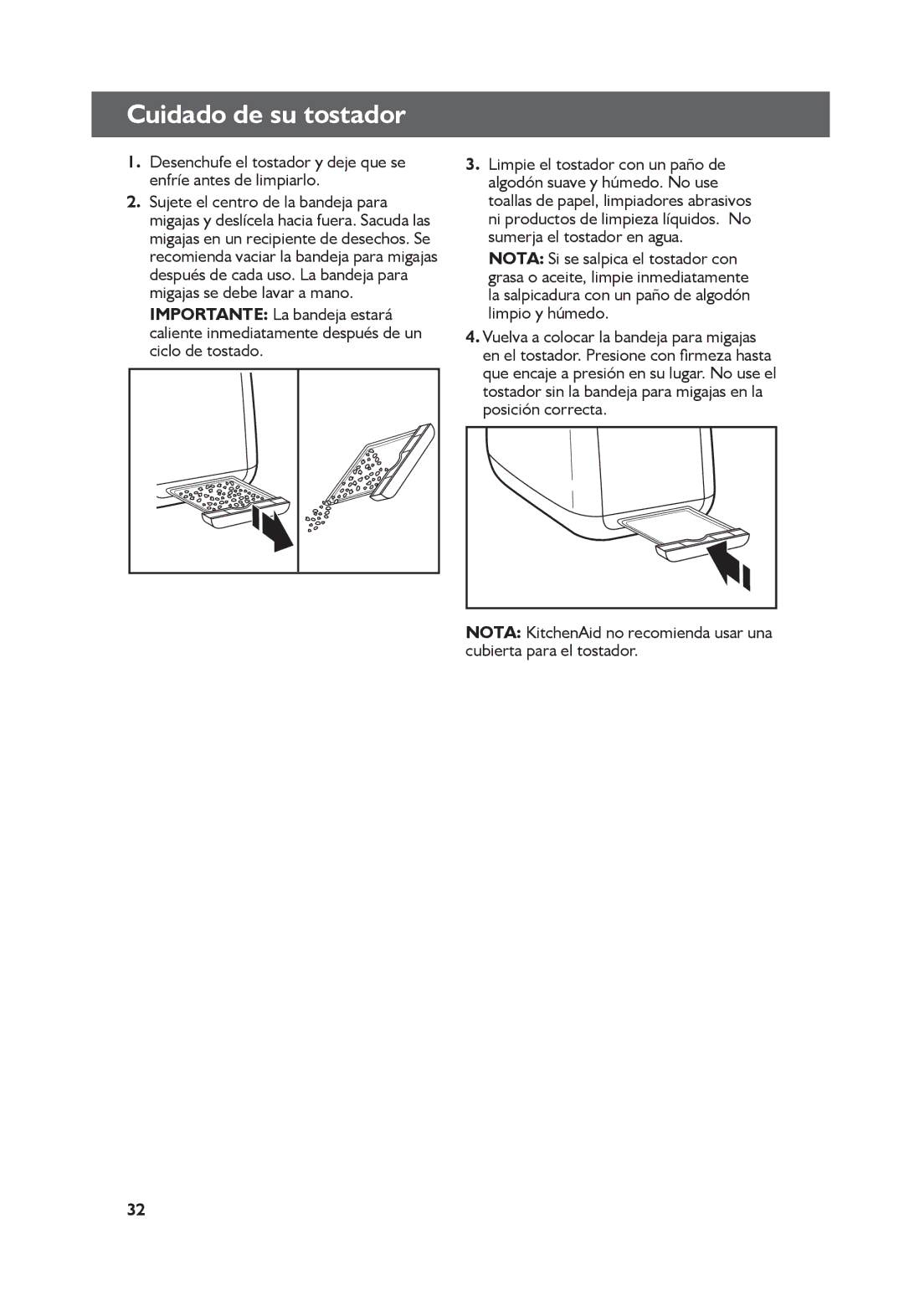 KitchenAid KMT4115, KMT2115 manual Cuidado de su tostador 