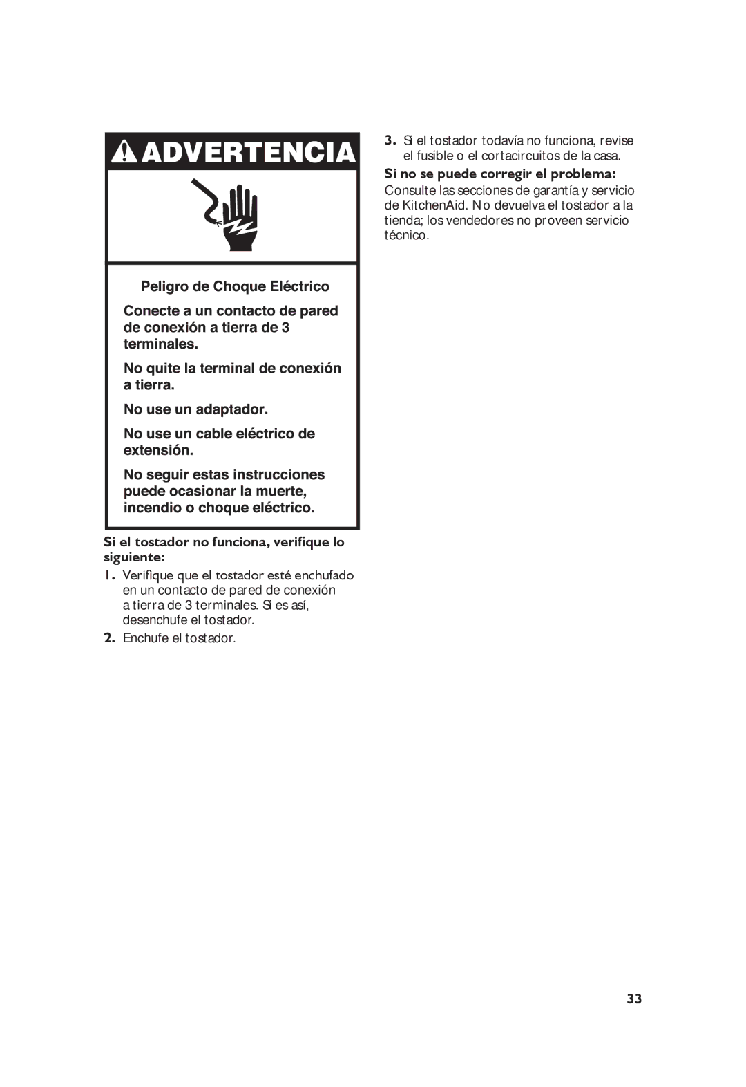 KitchenAid KMT2115, KMT4115 manual Solución de problemas, Si el tostador no funciona, verifique lo siguiente 