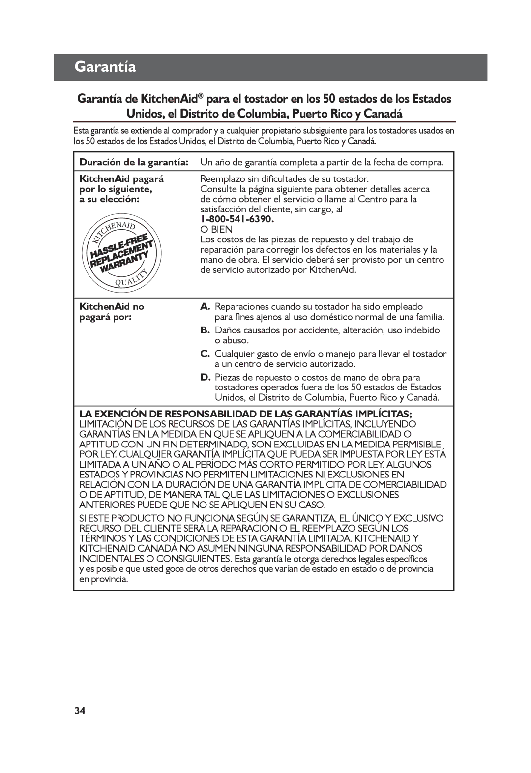 KitchenAid KMT4115, KMT2115 manual Garantía, Unidos, el Distrito de Columbia, Puerto Rico y Canadá 