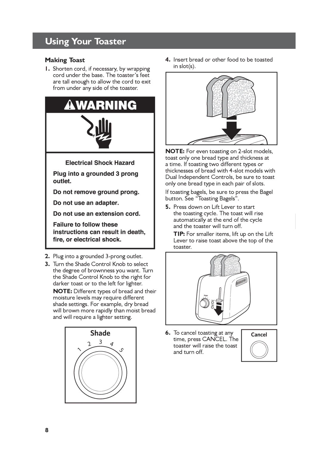 KitchenAid KMT4115, KMT2115 manual Making Toast, Plug into a grounded 3-prong outlet 