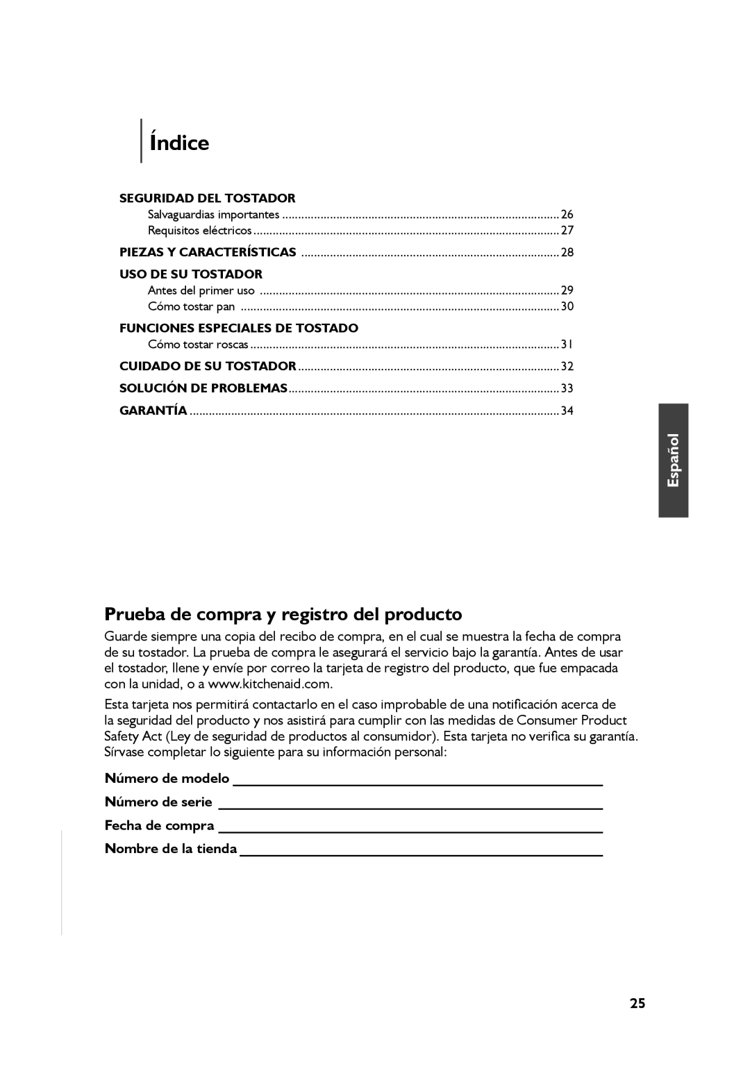 KitchenAid KMT2115, KMT4115 manual Índice, Prueba de compra y registro del producto, Español 