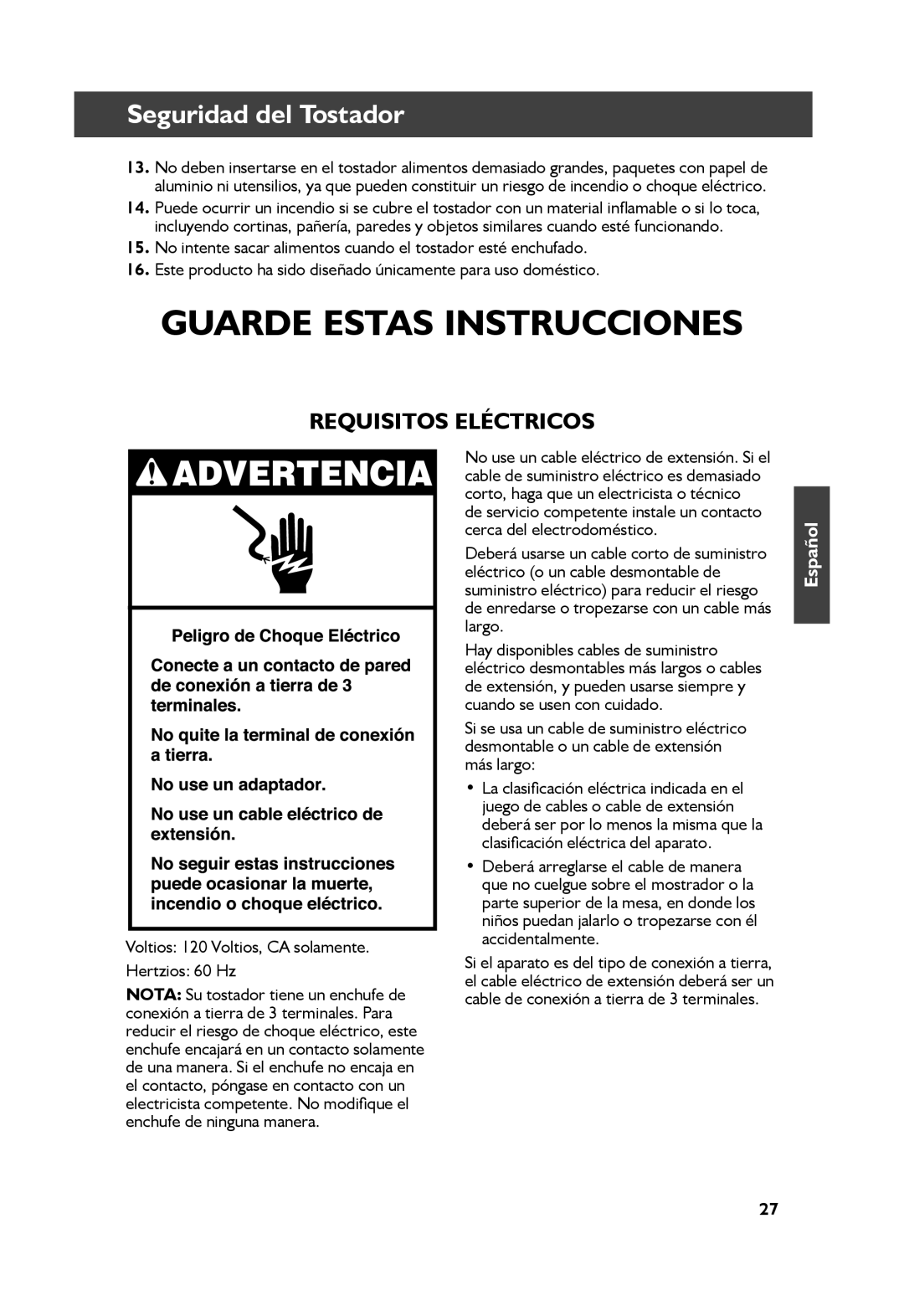 KitchenAid KMT2115, KMT4115 manual Guarde Estas Instrucciones, Requisitos Eléctricos, Seguridad del Tostador, Español 