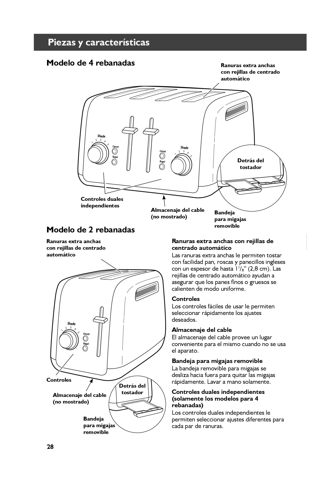 KitchenAid KMT4115 Piezas y características, Modelo de 4 rebanadas, Modelo de 2 rebanadas, Controles, Almacenaje del cable 