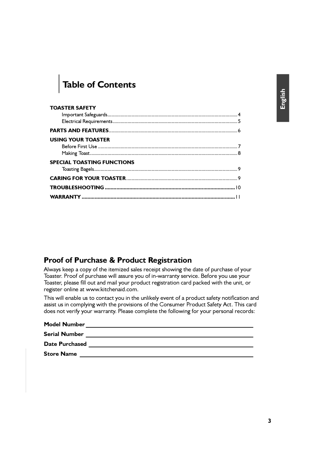KitchenAid KMT2115, KMT4115 manual Table of Contents, Proof of Purchase & Product Registration, English 
