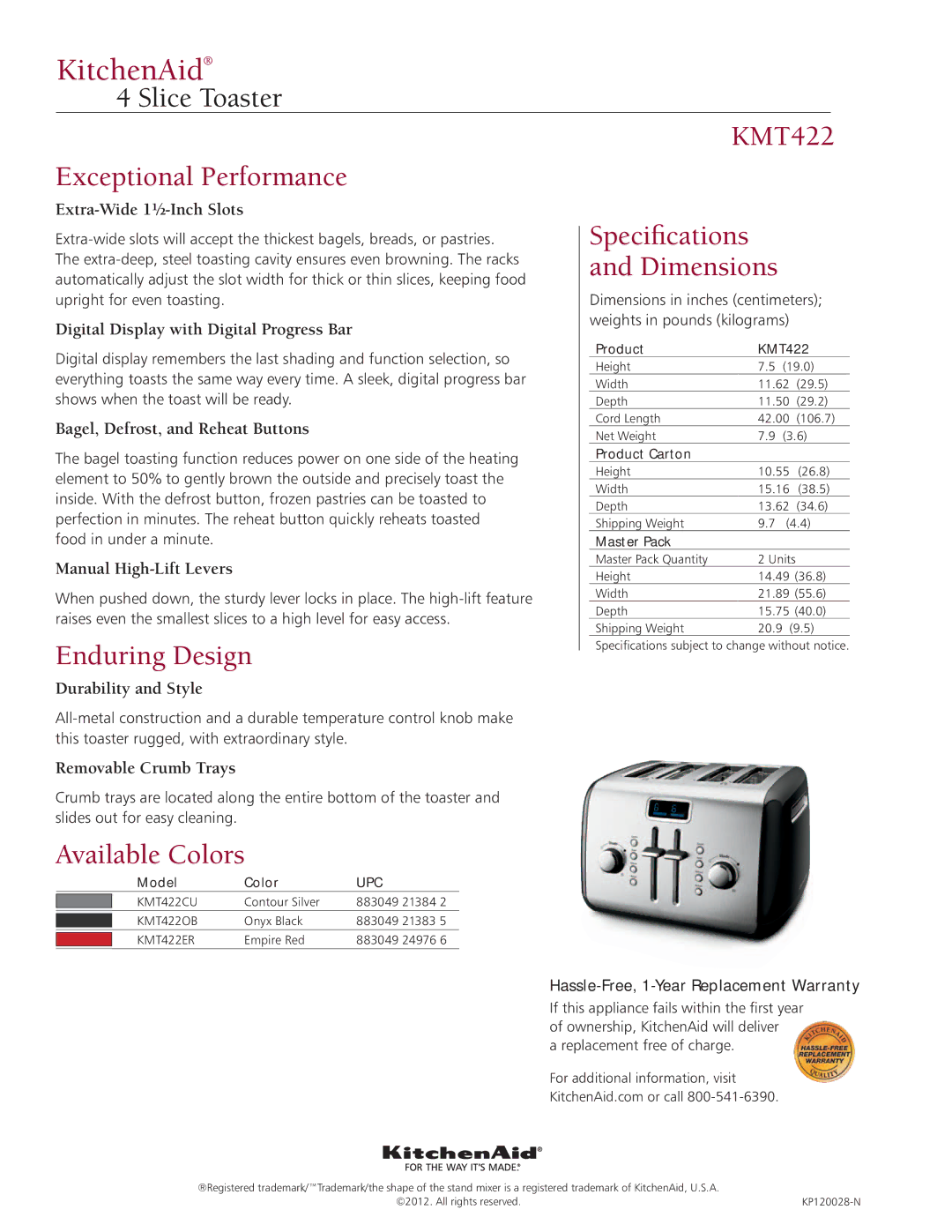 KitchenAid KMT422 manual Specifications Dimensions 