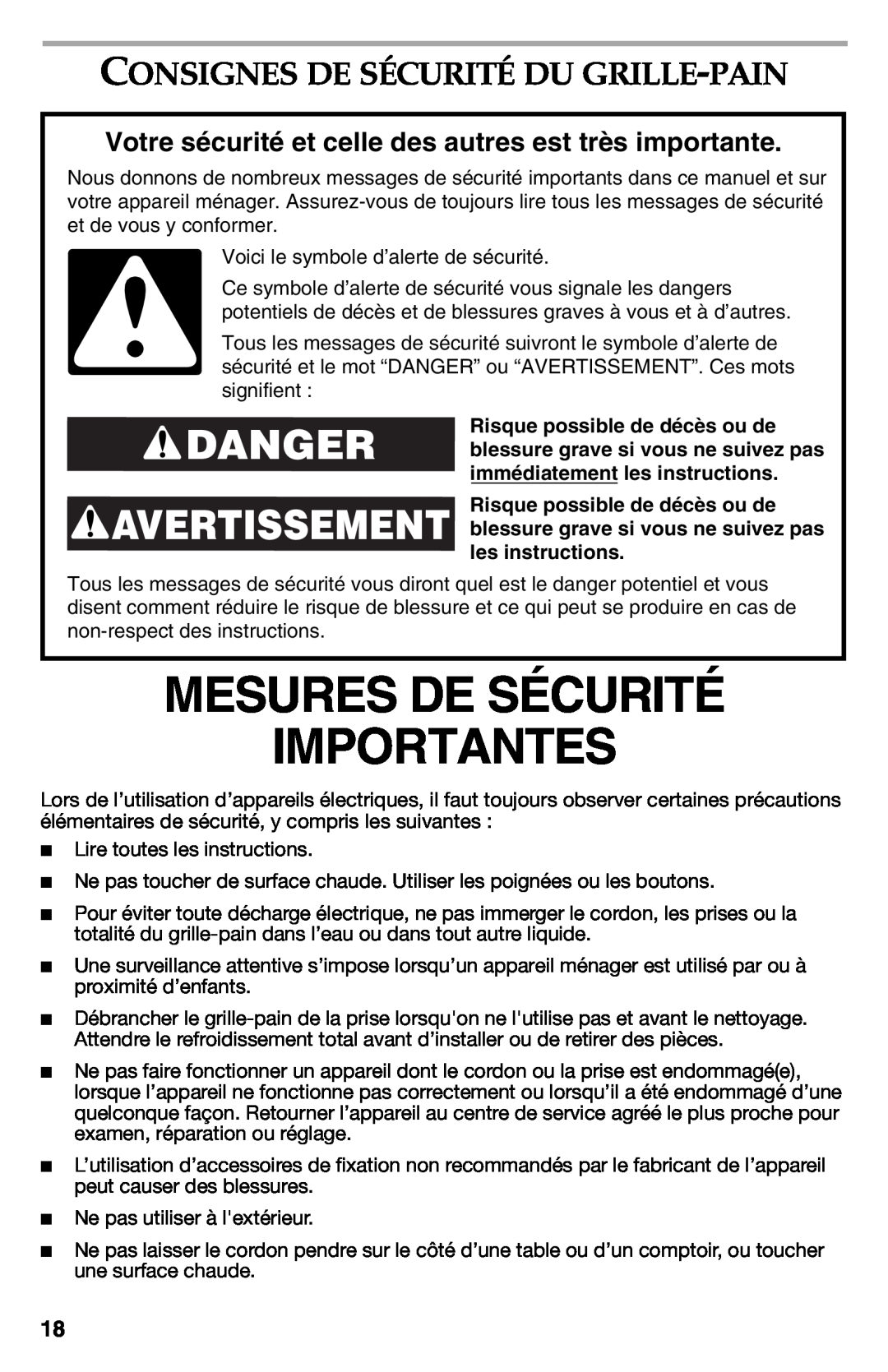 KitchenAid KMT423CU, KMT423OB Mesures De Sécurité Importantes, Danger Avertissement, Consignes De Sécurité Du Grille-Pain 