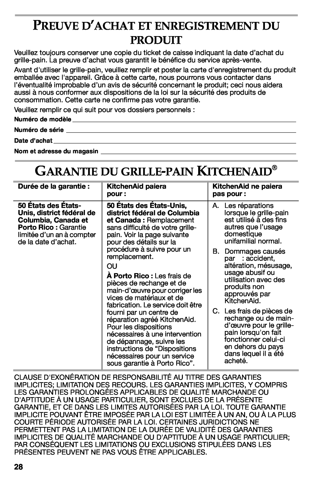 KitchenAid KMT423CU, KMT423OB, KMT223 manual Preuve D’Achat Et Enregistrement Du Produit, Garantie Du Grille-Pain Kitchenaid 