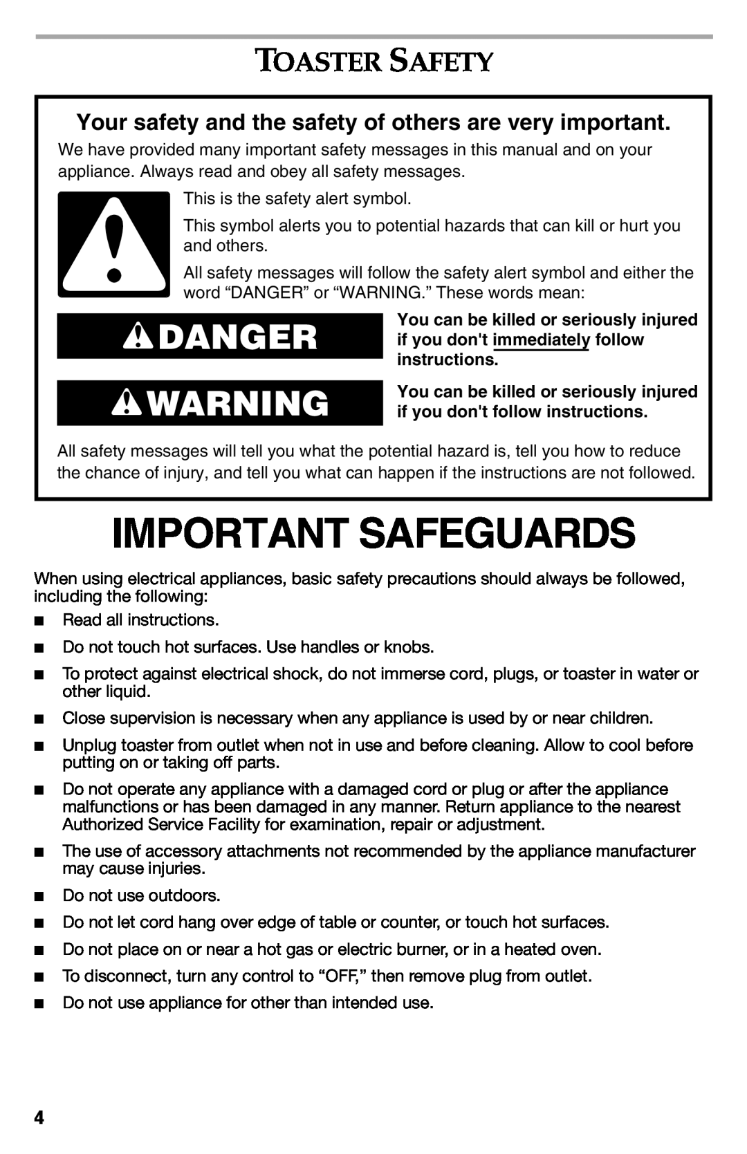 KitchenAid KMT222, KMT423OB, KMT223, KMT423CU manual Important Safeguards, Danger, Toaster Safety 