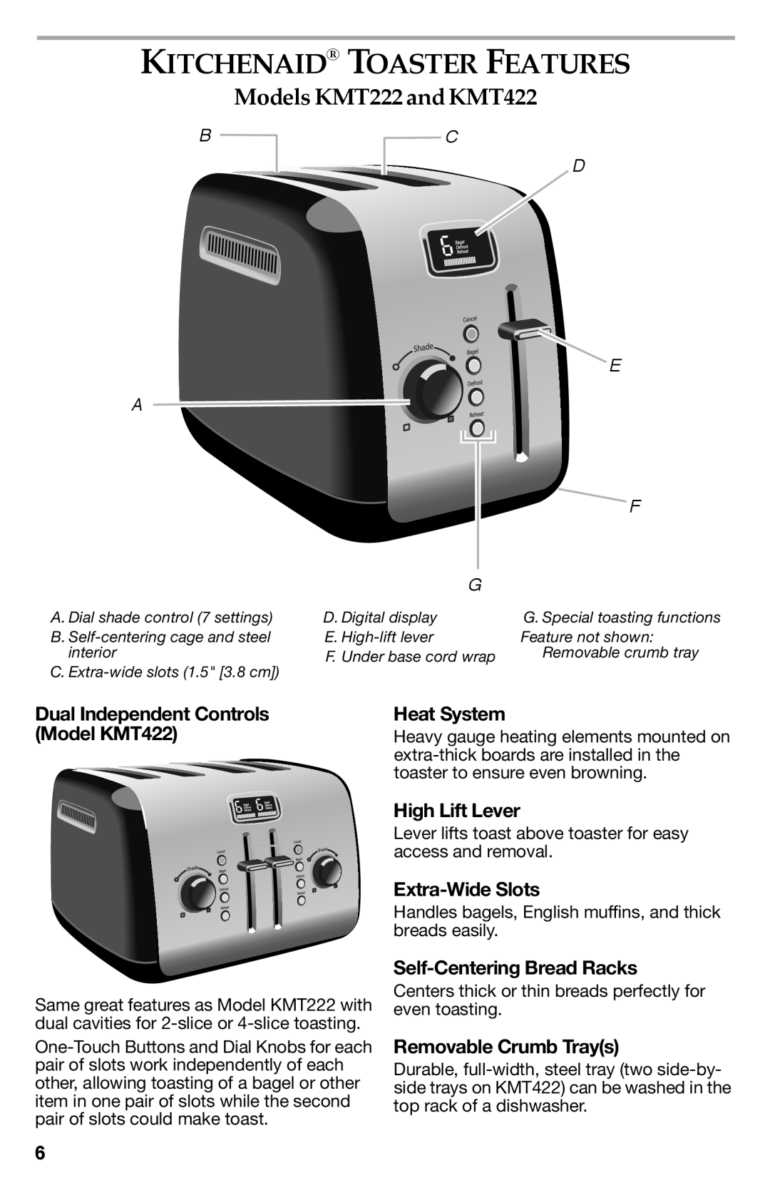 KitchenAid KMT223, KMT423OB Kitchenaid Toaster Features, Models KMT222 and KMT422, Dual Independent Controls Model KMT422 