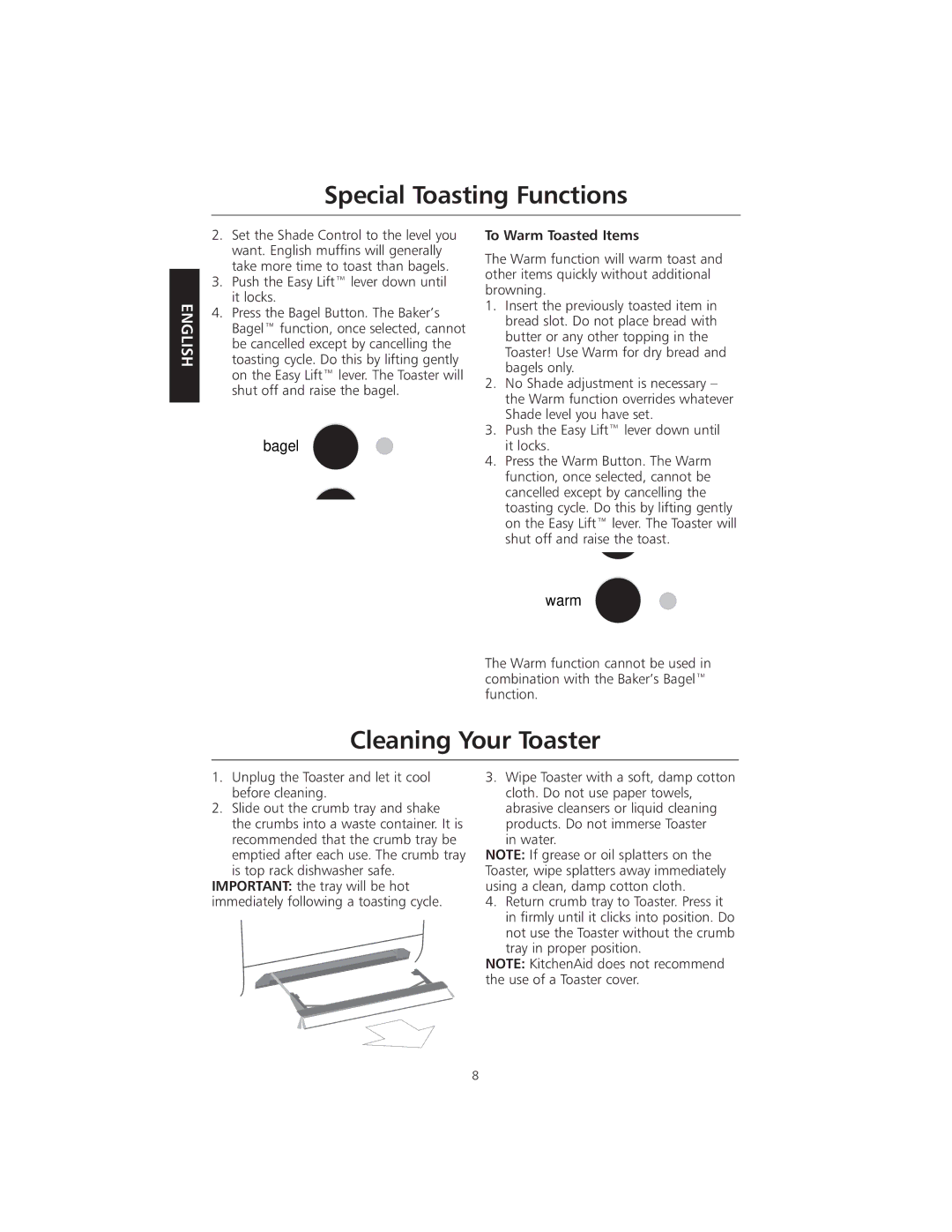 KitchenAid KMTT200 manual Cleaning Your Toaster, Push the Easy Lift lever down until it locks, To Warm Toasted Items 