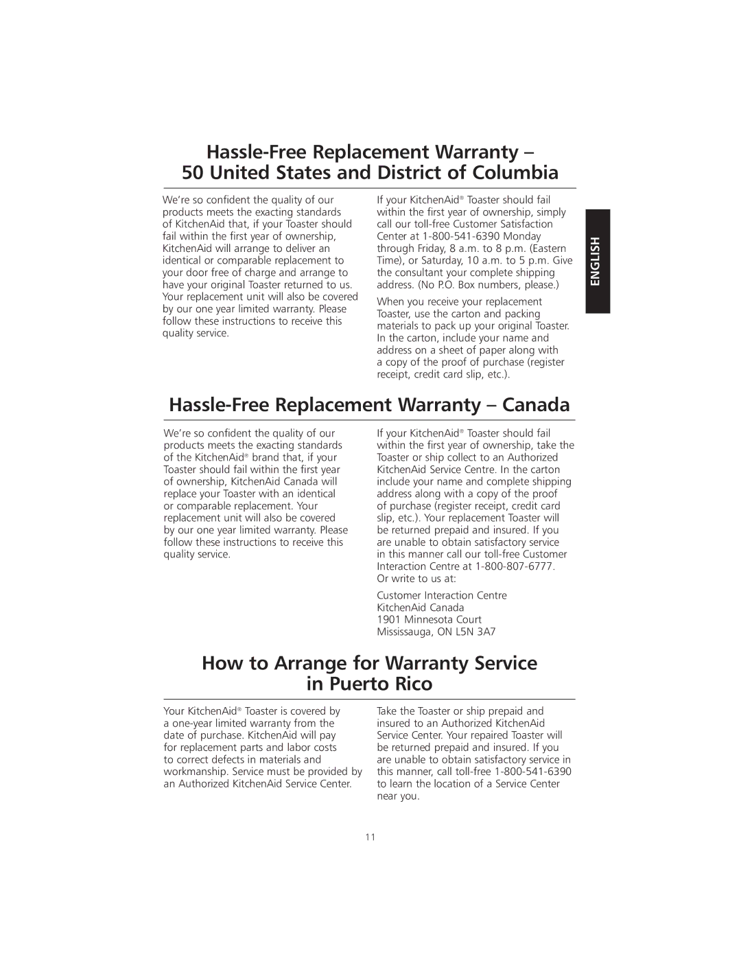 KitchenAid KMTT200 manual Hassle-Free Replacement Warranty Canada, How to Arrange for Warranty Service Puerto Rico 