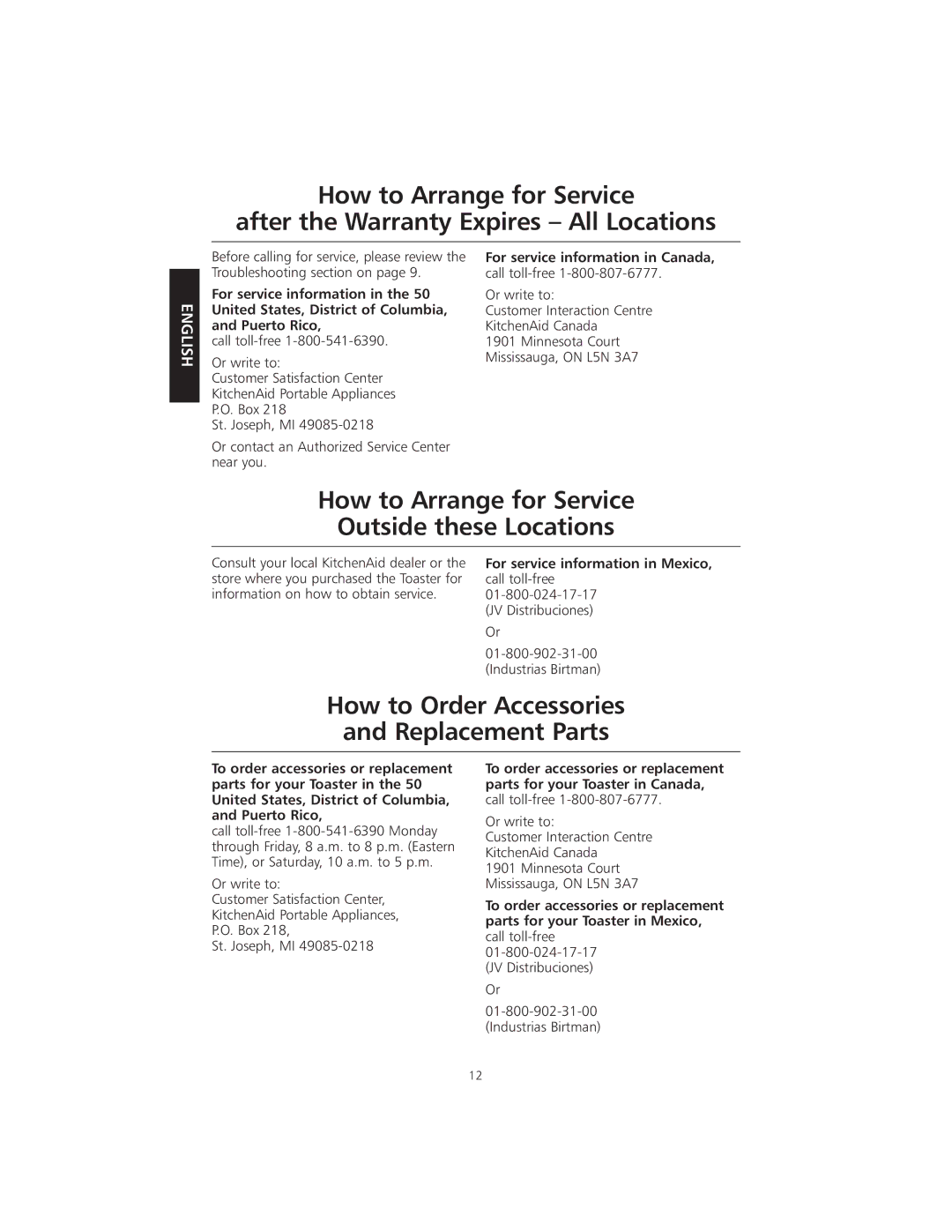 KitchenAid KMTT200 manual How to Arrange for Service Outside these Locations, How to Order Accessories Replacement Parts 