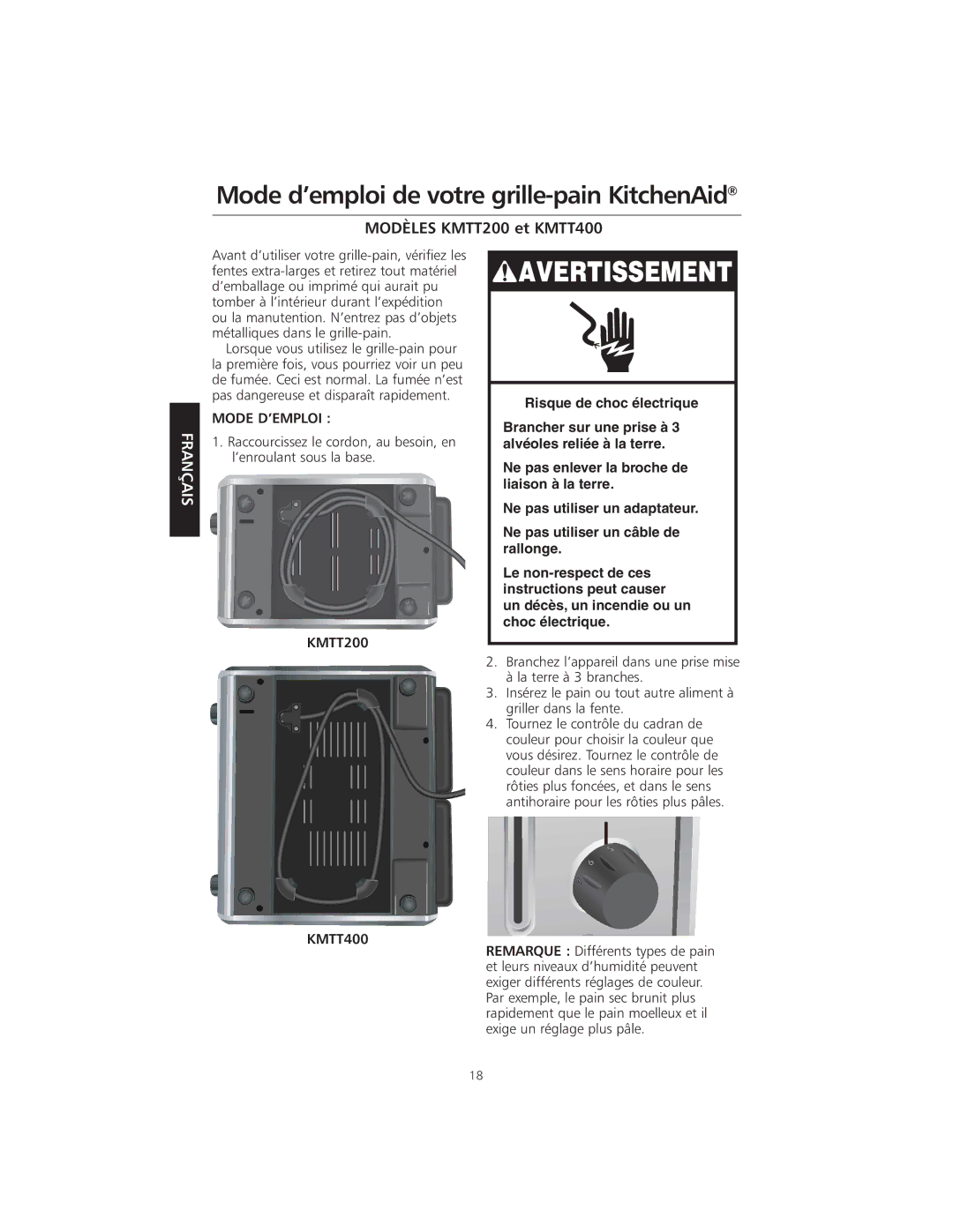 KitchenAid KMTT200 manual Mode d’emploi de votre grille-pain KitchenAid 