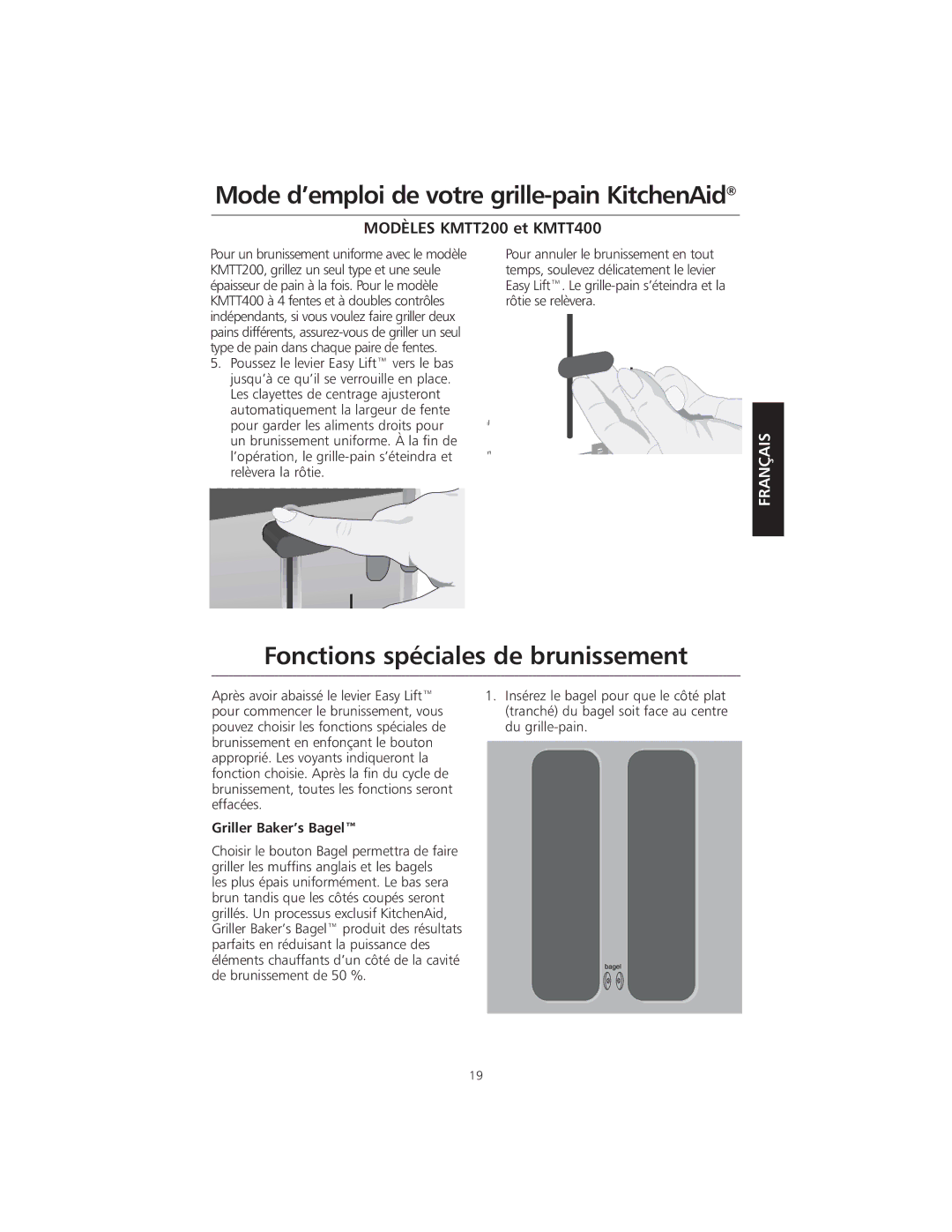 KitchenAid KMTT200 manual Fonctions spéciales de brunissement, Griller Baker’s Bagel 