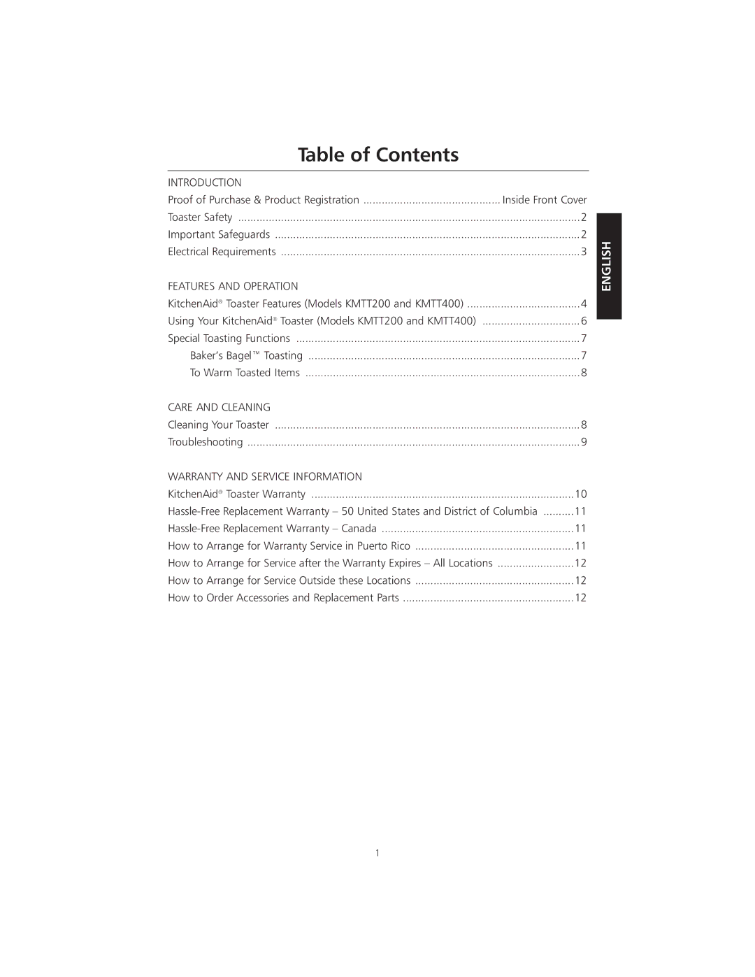 KitchenAid KMTT200 manual Table of Contents 