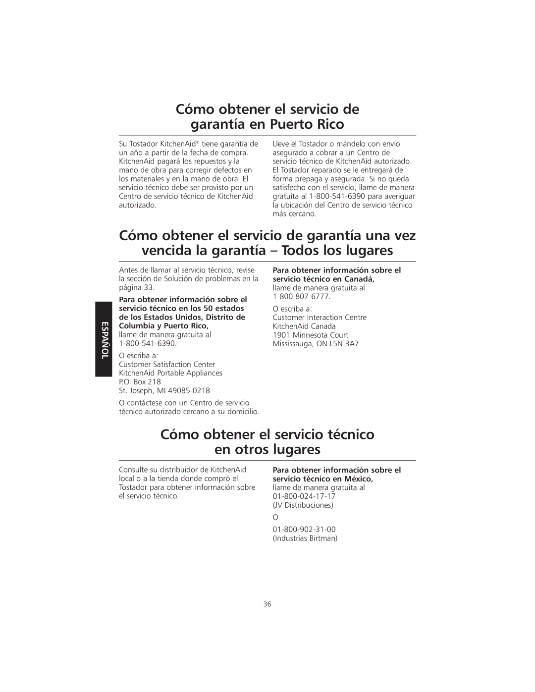 KitchenAid KMTT200 Cómo obtener el servicio de Garantía en Puerto Rico, Cómo obtener el servicio técnico En otros lugares 