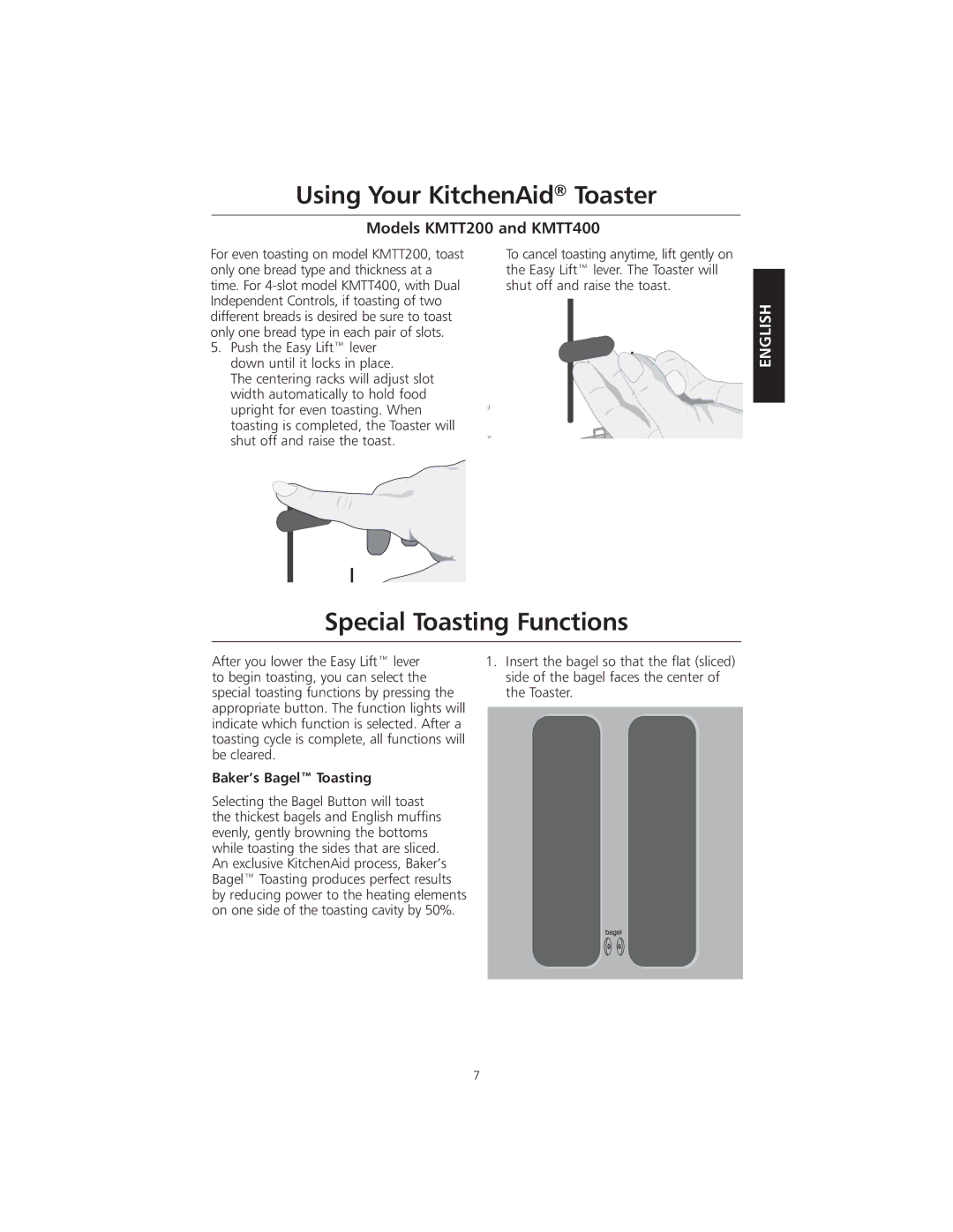 KitchenAid KMTT200 manual Special Toasting Functions, Baker’s Bagel Toasting 