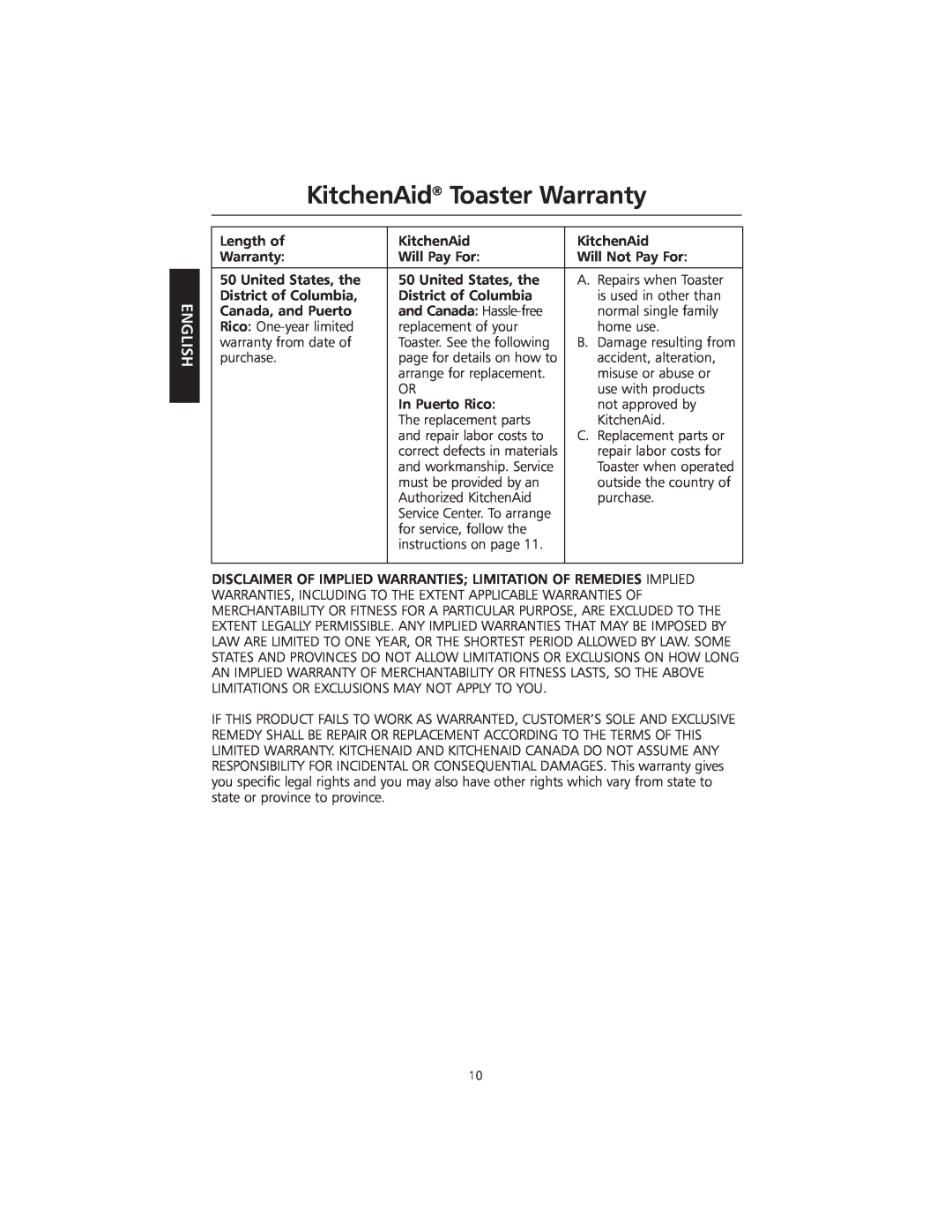 KitchenAid KMTT200 manual KitchenAid Toaster Warranty, correct defects in materials, and workmanship. Service 
