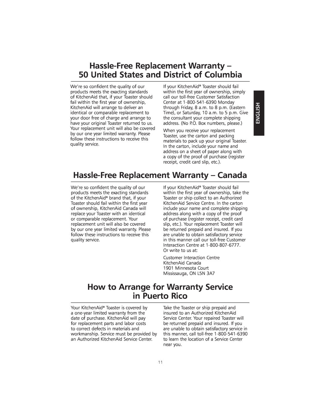 KitchenAid KMTT200 manual Hassle-Free Replacement Warranty, United States and District of Columbia, English 