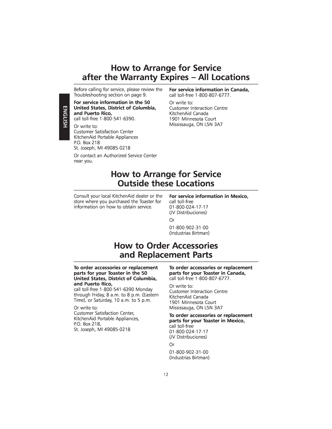 KitchenAid KMTT200 manual How to Arrange for Service after the Warranty Expires - All Locations, English 