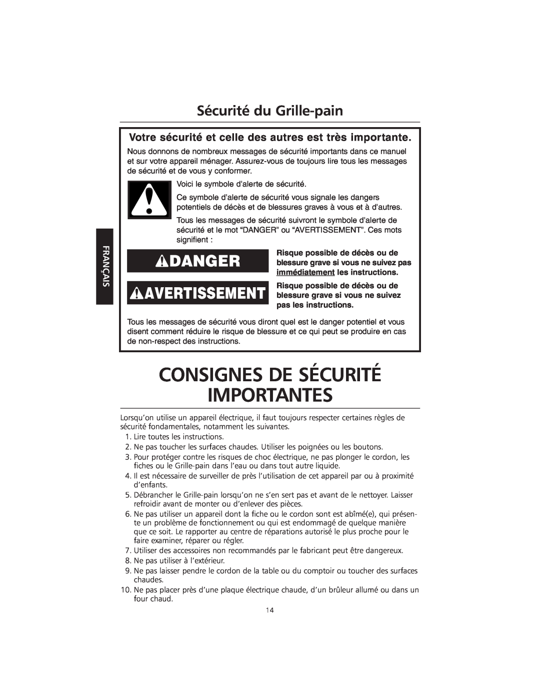 KitchenAid KMTT200 Consignes De Sécurité Importantes, Sécurité du Grille-pain, Risque possible de décès ou de, Français 