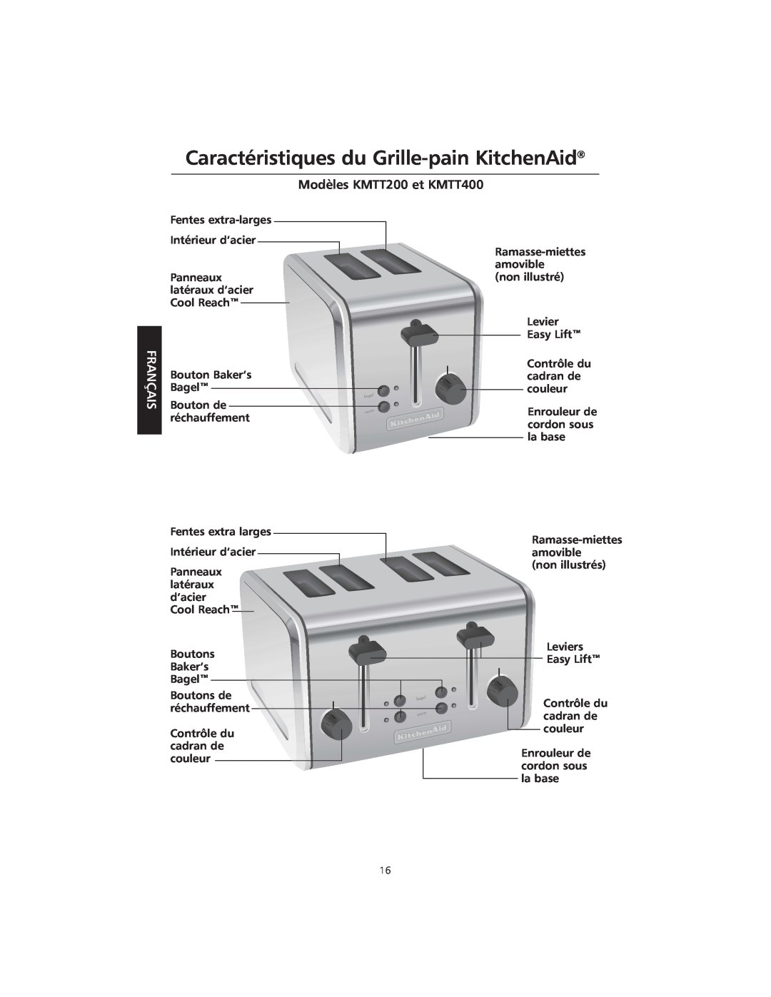 KitchenAid manual Caractéristiques du Grille-pain KitchenAid, Modèles KMTT200 et KMTT400, Français 