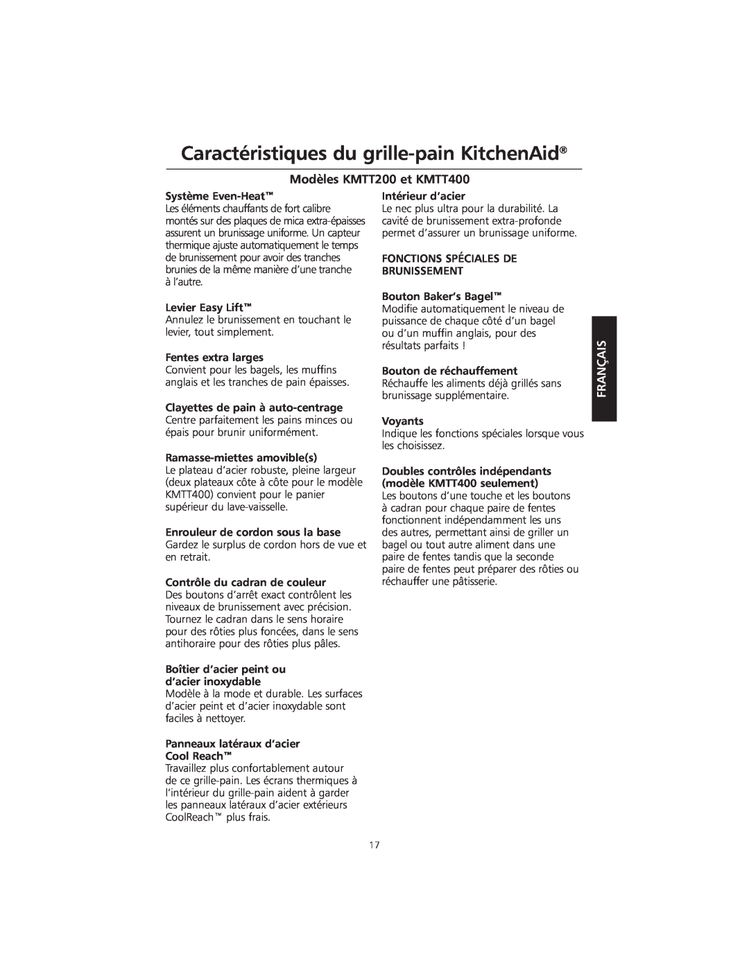 KitchenAid manual Caractéristiques du grille-pain KitchenAid, Modèles KMTT200 et KMTT400, Français 