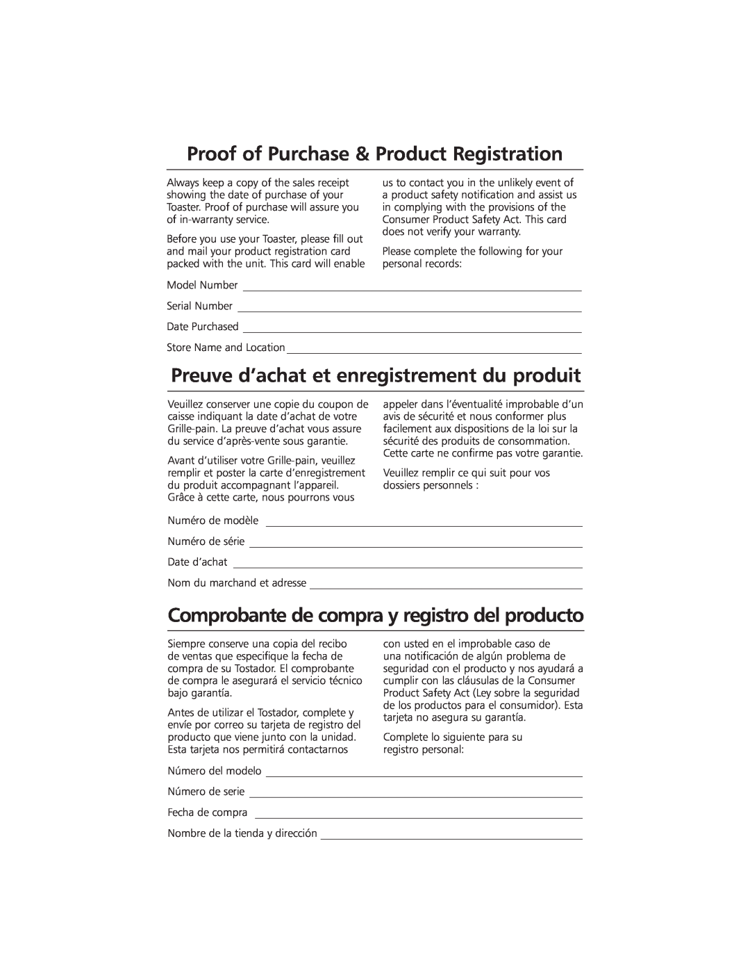 KitchenAid KMTT200 manual Proof of Purchase & Product Registration, Preuve d’achat et enregistrement du produit 