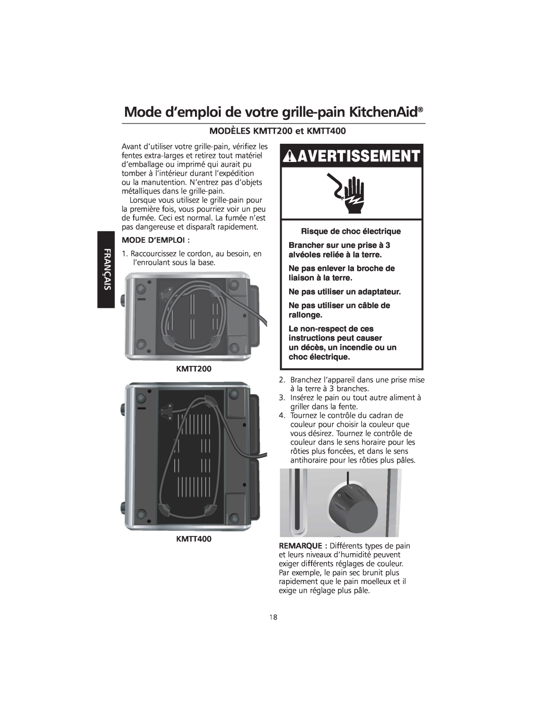 KitchenAid manual Mode d’emploi de votre grille-pain KitchenAid, MODÈLES KMTT200 et KMTT400, Avertissement, Français 