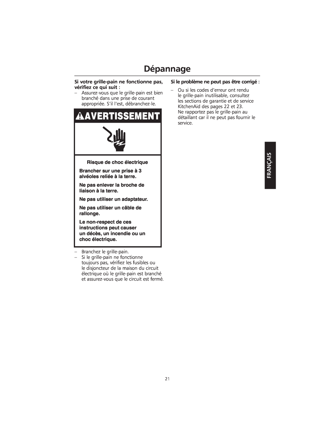 KitchenAid KMTT200 manual Dépannage, Avertissement, Français, Risque de choc électrique 