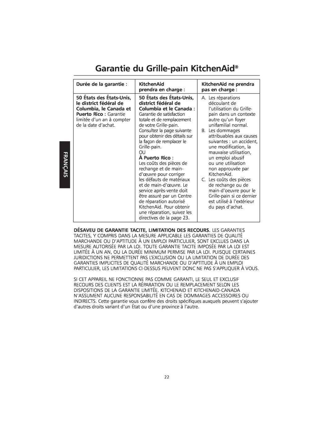 KitchenAid KMTT200 manual Garantie du Grille-pain KitchenAid, Français, attribuables aux causes, suivantes un accident 