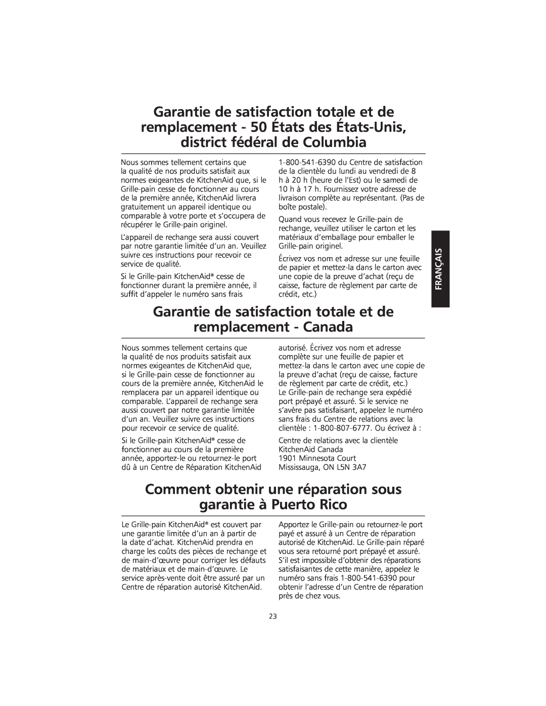 KitchenAid KMTT200 manual Garantie de satisfaction totale et de remplacement - Canada, Français 
